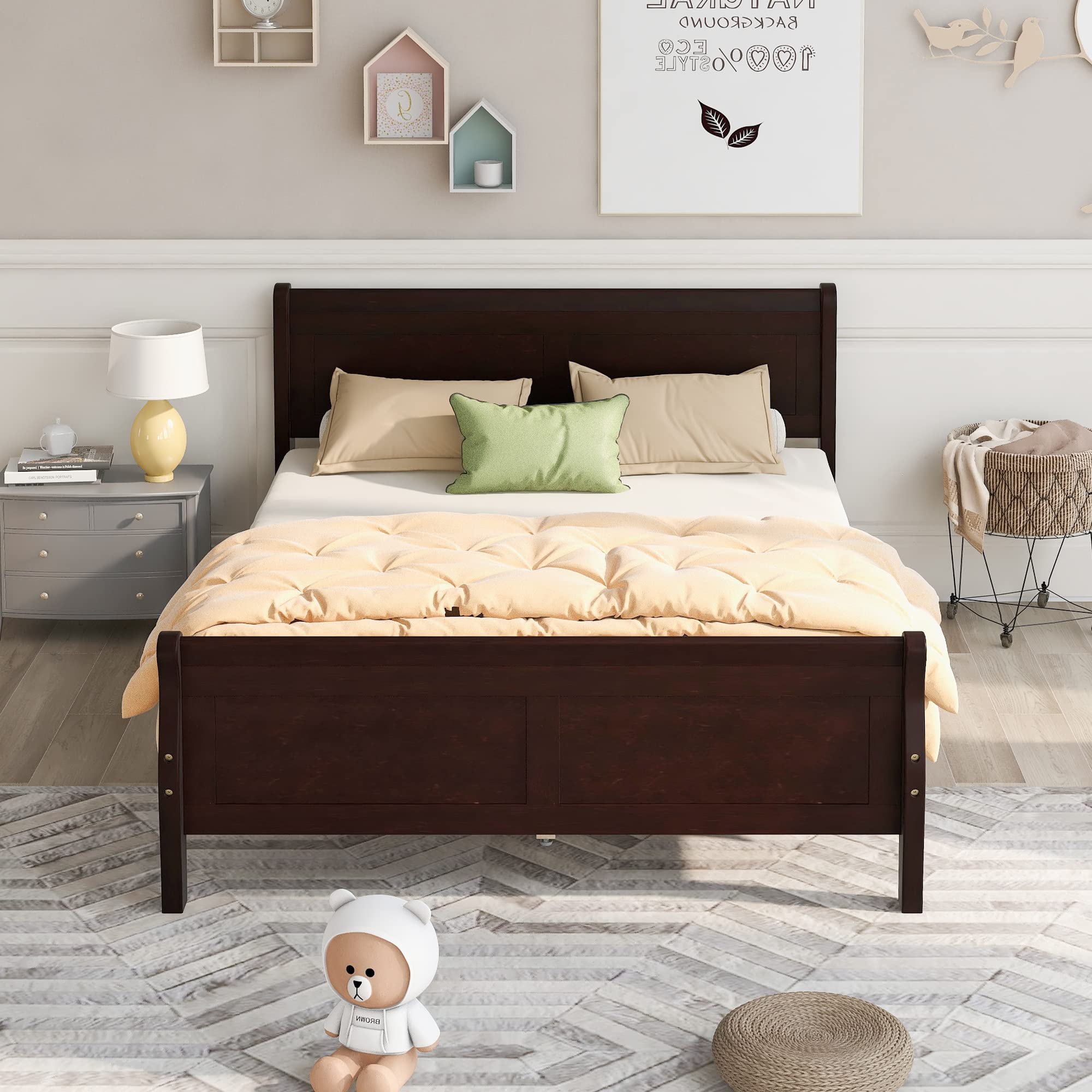 Harper & Bright Designs Solid Wood Queen Platform Bed Frame with Headboard & Footboard - Sleigh Style Bed with Wood Slat Support, Heavy Duty & Noise Free (Queen Size, Espresso Finish) - Perfect for Master Bedroom, Guest Room & Modern Farmhouse Decor