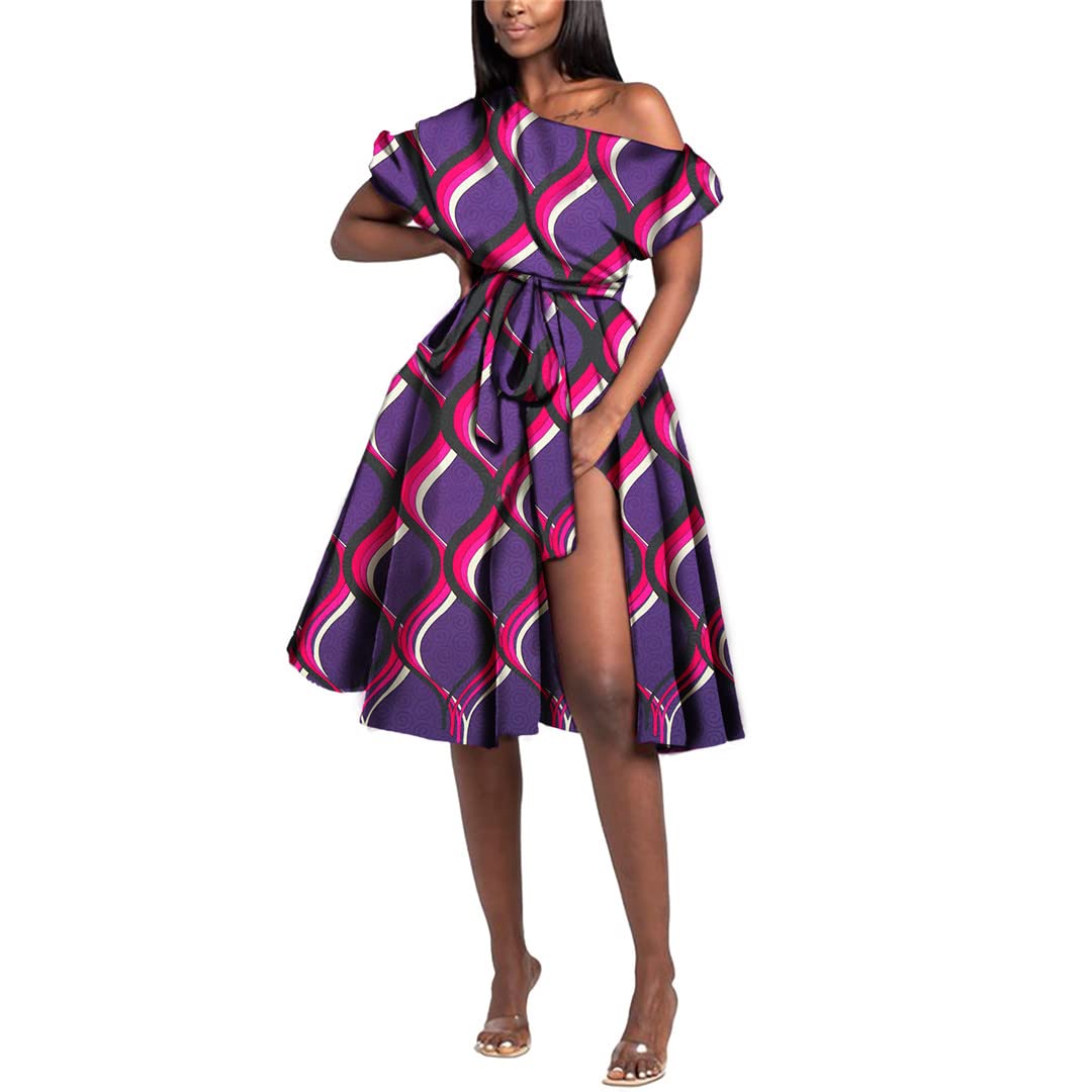 African Print Off Shoulder Party Dresses for Women - High Waist Plus Size Belted Maxi Dress with Floral Patterns | Perfect for Weddings, Festivals & Special Occasions