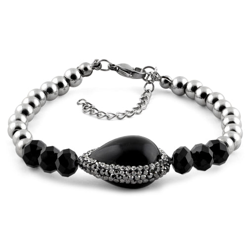 Stainless Steel Black Oval Stone CZ Bracelet for Women - Elegant Cubic Zirconia Jewelry Gift for Anniversary, Birthday & Special Occasions