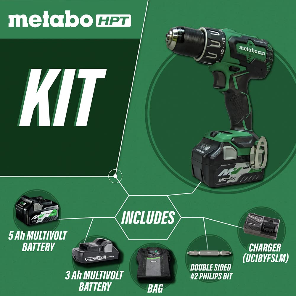 Metabo HPT 18V Cordless Hammer Drill with 2 Batteries (5.0Ah & 3.0Ah) | 1/2
