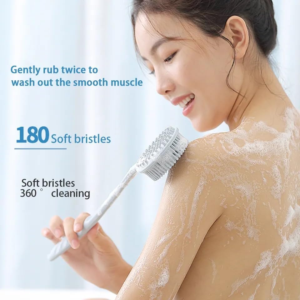 Double-Sided Silicone Back Scrubber with Long Handle - Exfoliating Body Brush for Shower & Bath Massage - Skin Care & Deep Cleansing - Perfect for Exfoliation & Relaxation (Blue, 1 Pack)