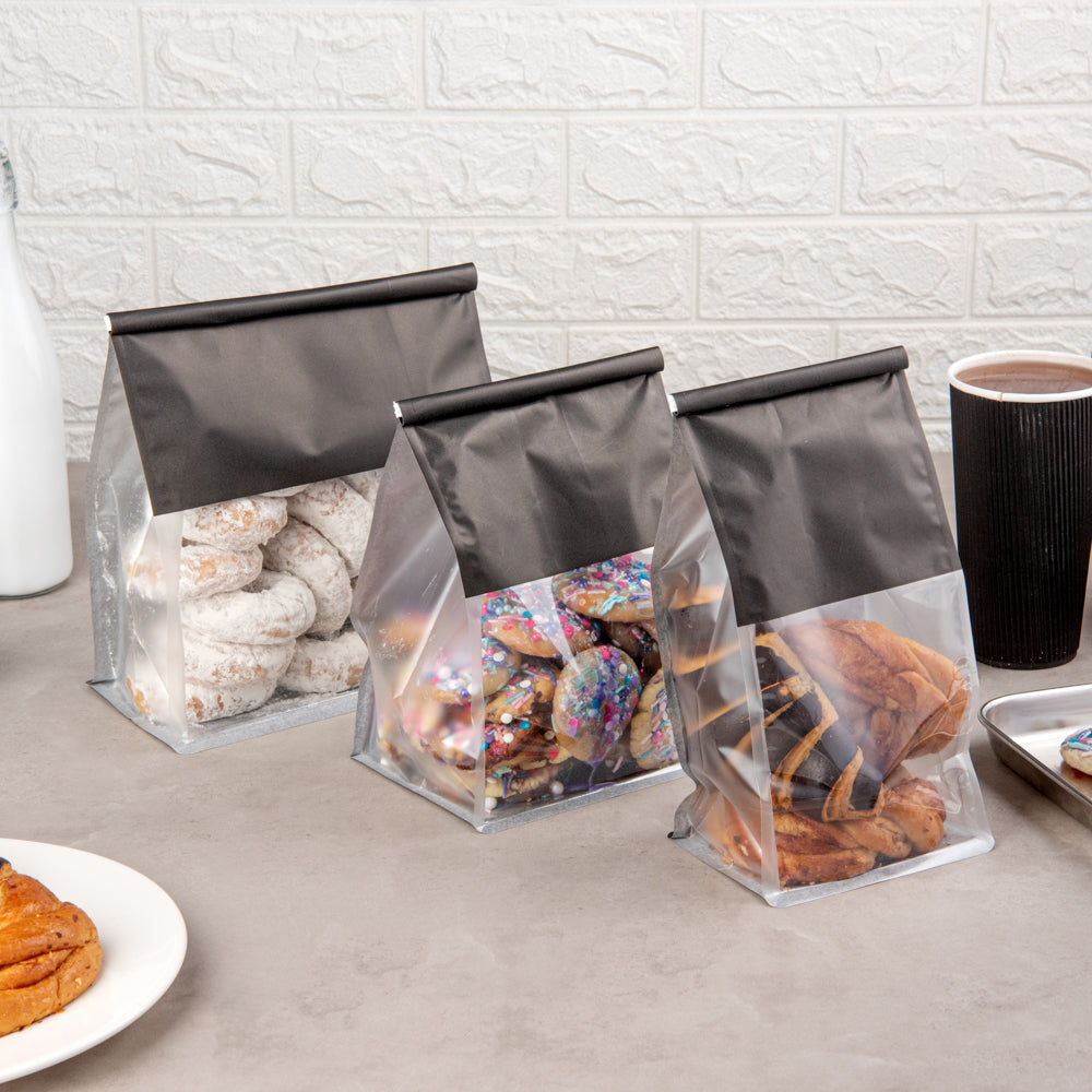 Premium Black Cotton Paper Tin Tie Bags with Clear Window - 5x4x11.25 Inches (100 Count) - Ideal for Coffee Beans, Loose Leaf Tea & Bulk Food Storage
