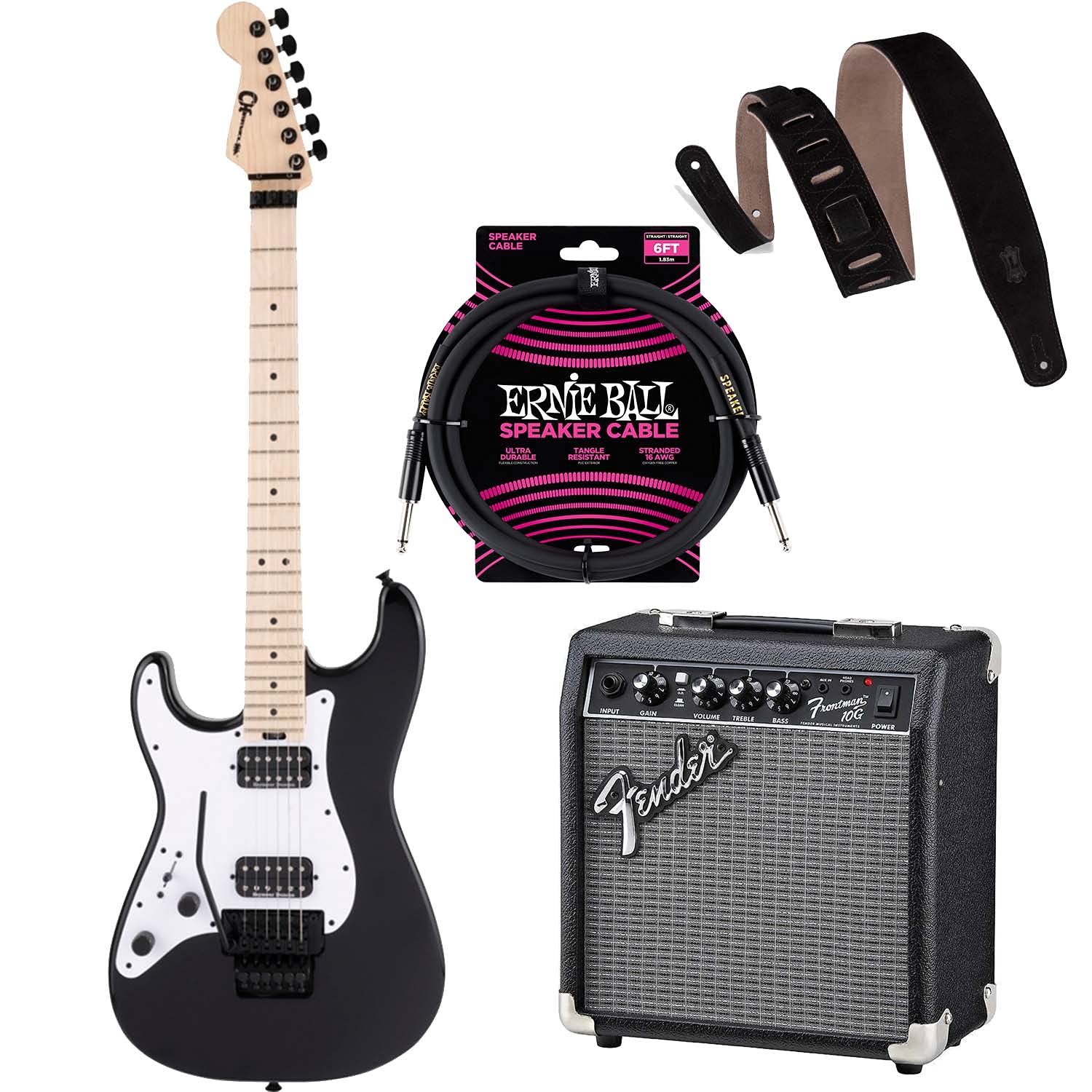 Charvel Pro-Mod So-Cal Style 1 HH Left-Handed Electric Guitar with Fender Frontman 10G Amp & Accessories Bundle - Gloss Black Finish | Perfect for Rock, Metal & Stage Performances