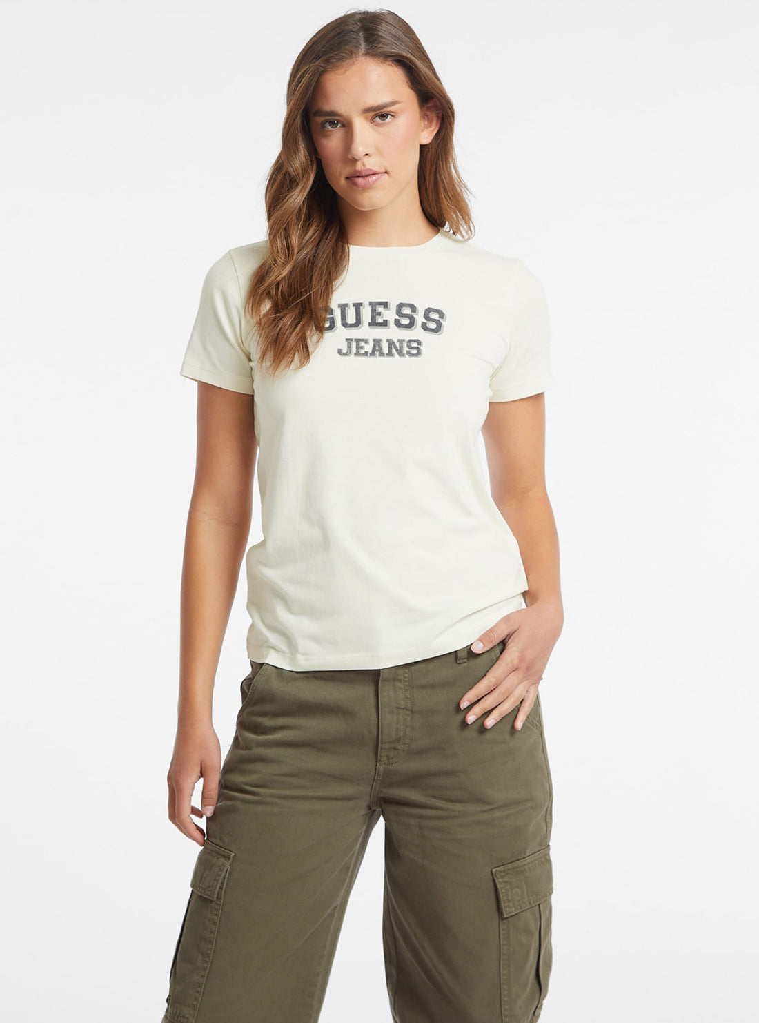 Guess Women's Beige & White Bicolor Logo T-Shirt - Casual Cotton Tee for Everyday Wear & Street Style Outfits