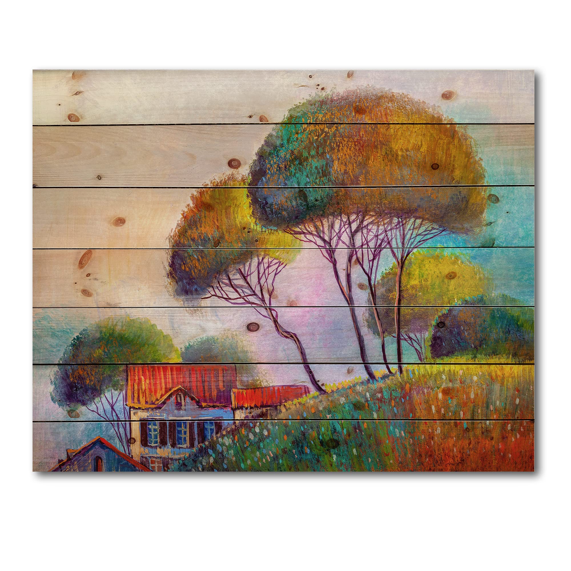 Modern Wood Wall Art - Country House Landscape on Pine for Home Decor