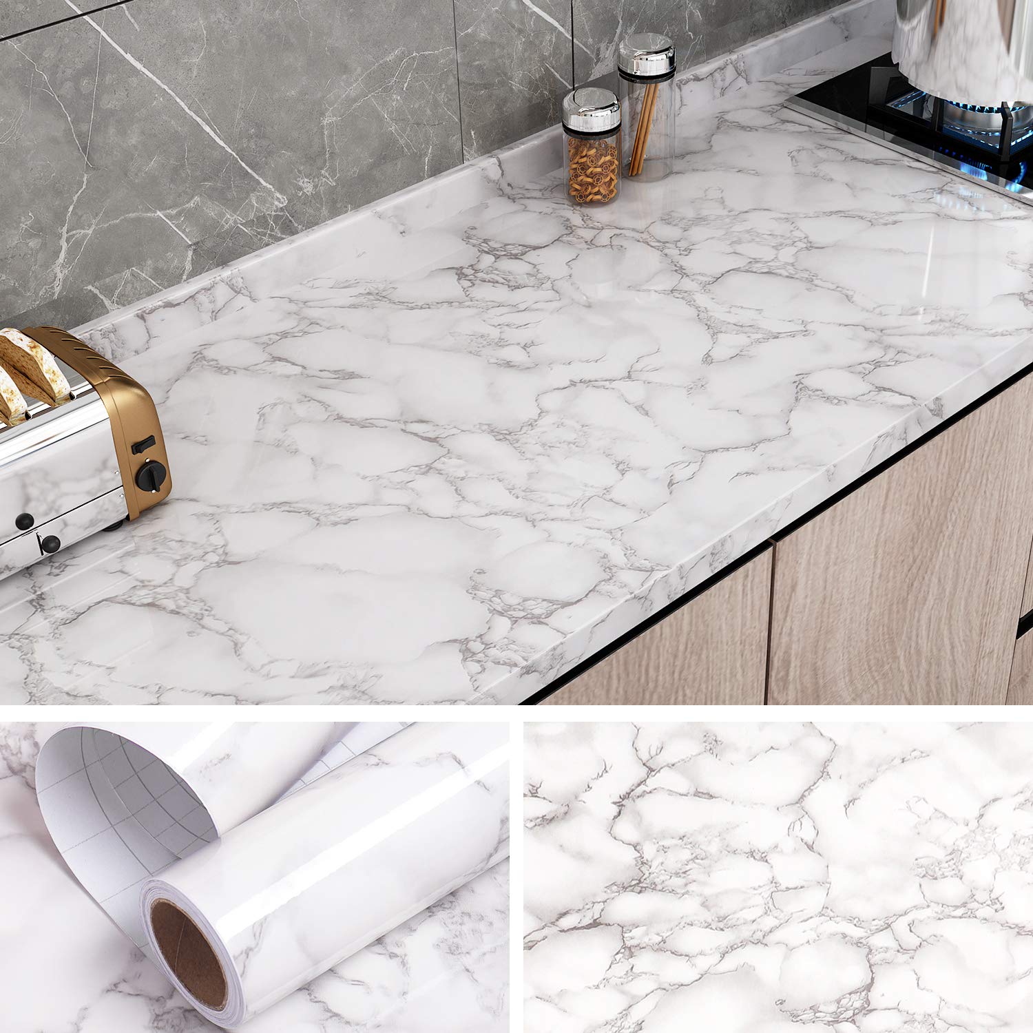 VEELIKE 15.7''x236'' Grey Marble Contact Paper - Waterproof Self-Adhesive Peel & Stick Wallpaper for Countertops, Cabinets, Kitchen, Bedroom - Easy Removable Home Decor for Countertop Covers & Wall Protection