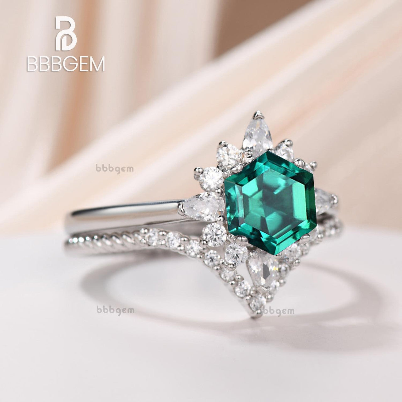 Hexagon Lab Emerald Silver Ring Set - White Gold Plated Curved Elongated Rope Diamond Chevron Band for Women - Perfect for Weddings, Anniversaries & Special Occasions