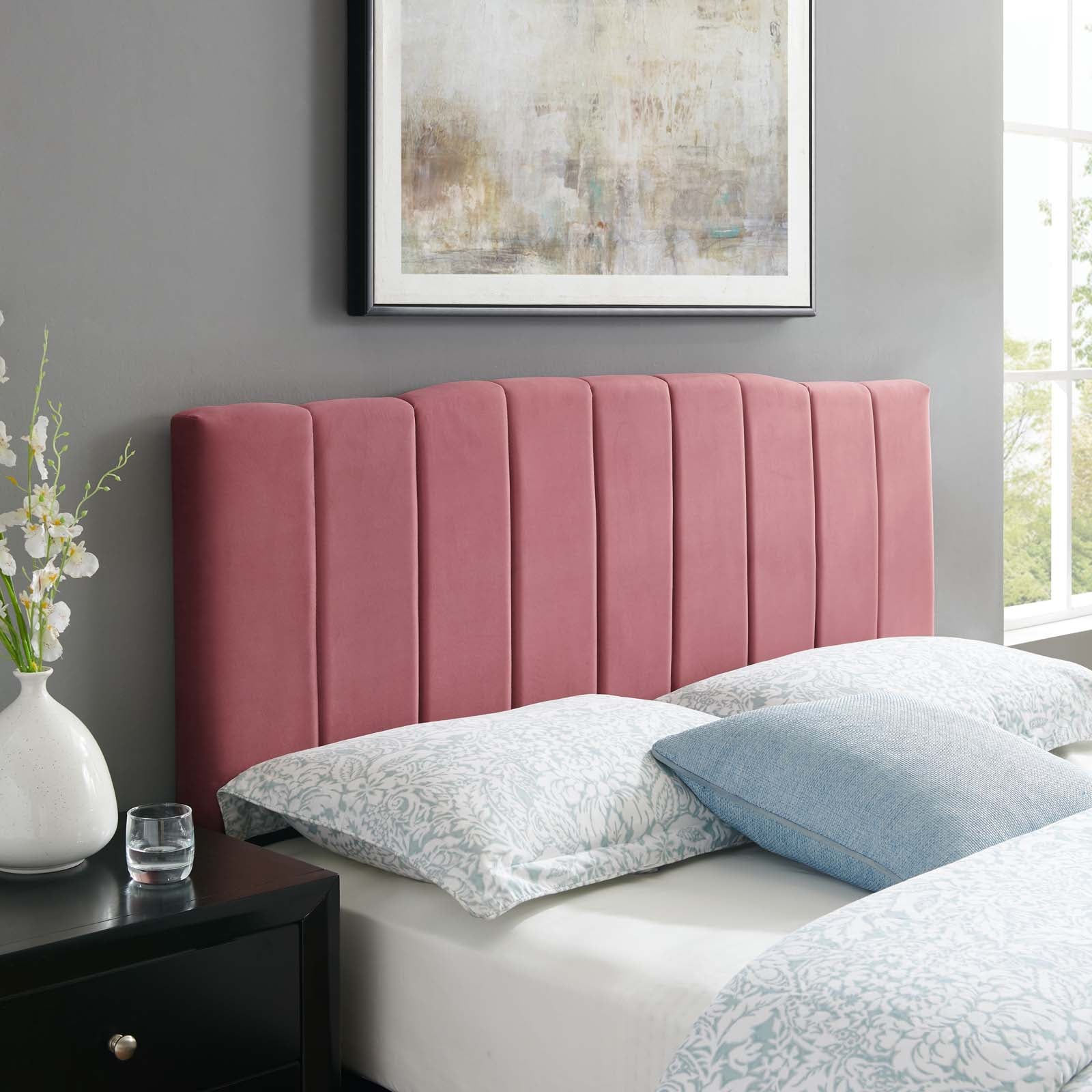 Camilla Channel Tufted Performance Velvet Headboard - Queen Size Upholstered Bed Headboard with Nailhead Trim - Perfect for Master Bedroom, Guest Room & Home Decor
