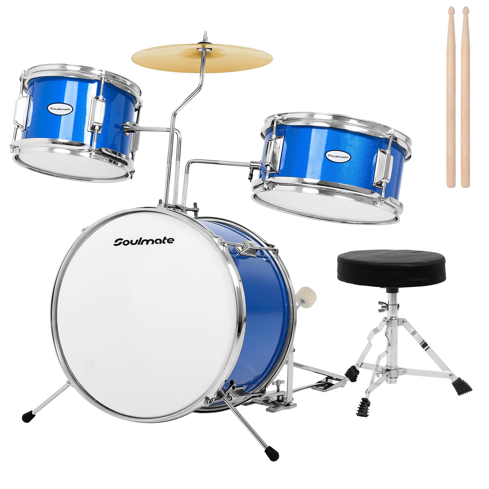 Soulmate Kids Drum Set 3-Piece 14 Inch Beginner Drum Kit with Adjustable Throne, Cymbal, Pedal, 8
