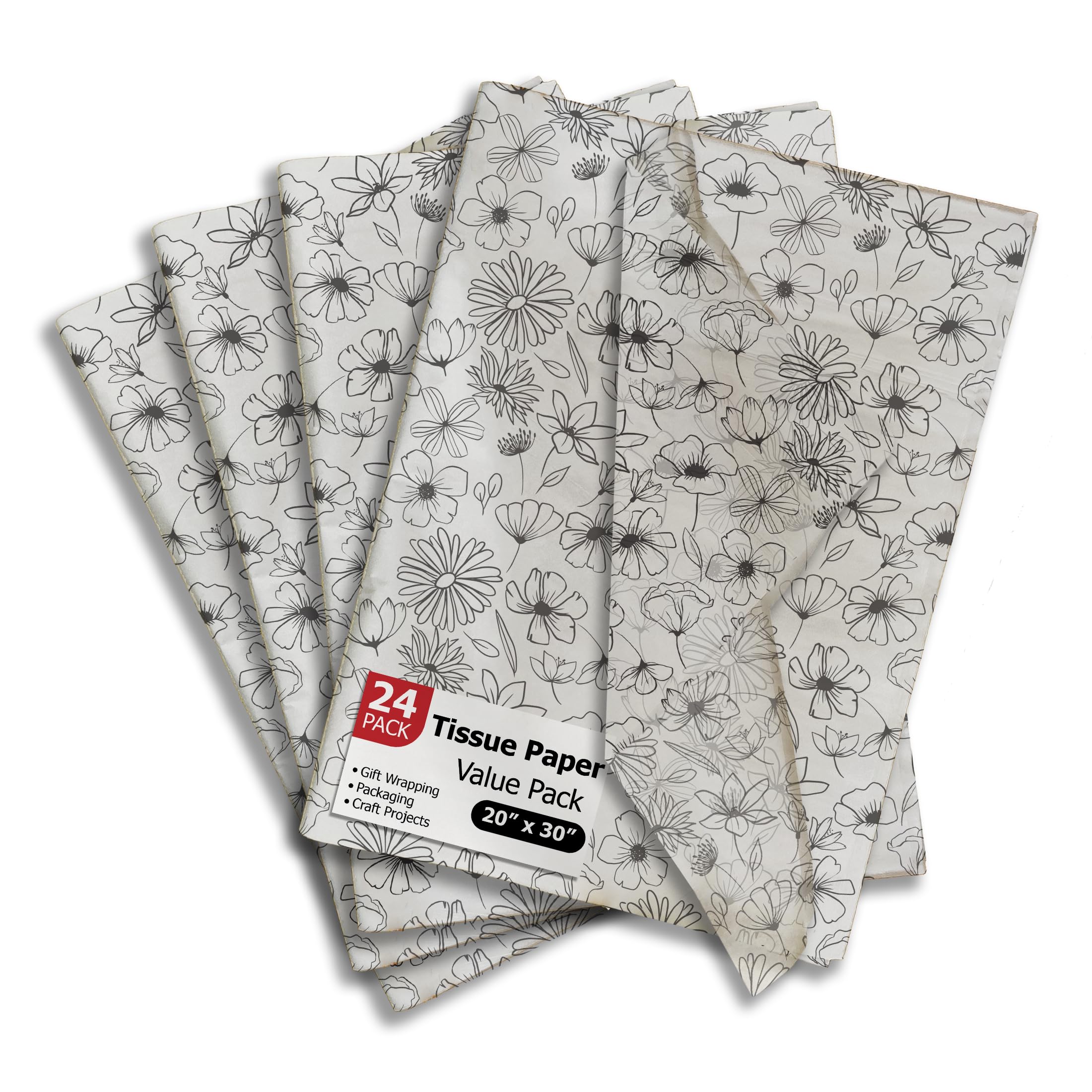 Premium Black & White Floral Printed Tissue Paper - 24 Sheets 20