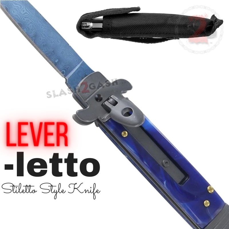 Premium Damascus Steel Leverletto Blue Marble Automatic Knife - Tactical Switchblade with Lever Lock for Outdoor, Camping & EDC Use