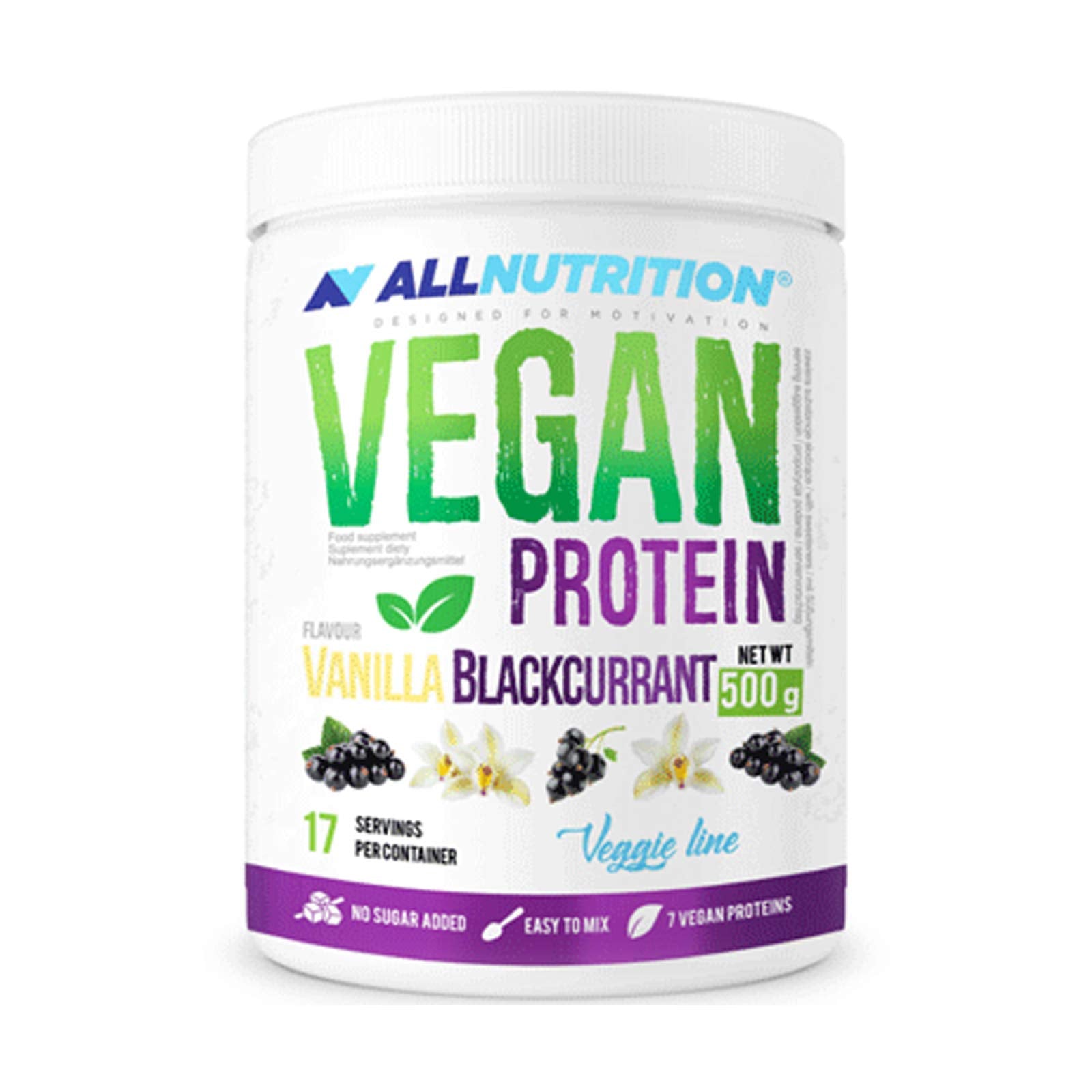 Allnutrition Vegan Protein Powder - Vanilla Blackcurrant Flavor, 500g | Plant-Based Protein Supplement for Muscle Recovery, Smoothies & Baking | Vegan, Gluten-Free & Dairy-Free