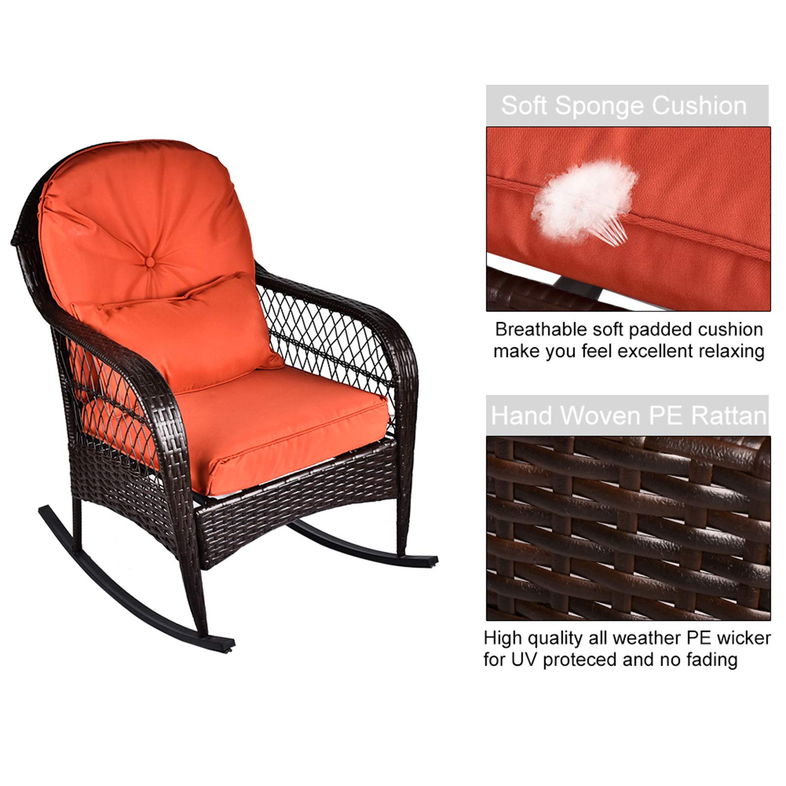 **All-Weather Outdoor Wicker Rocking Chair with Cushions - Brown Wicker & Orange Cushion - Perfect for Garden, Patio, Yard, Porch, Lawn, Balcony & Backyard Relaxation**
