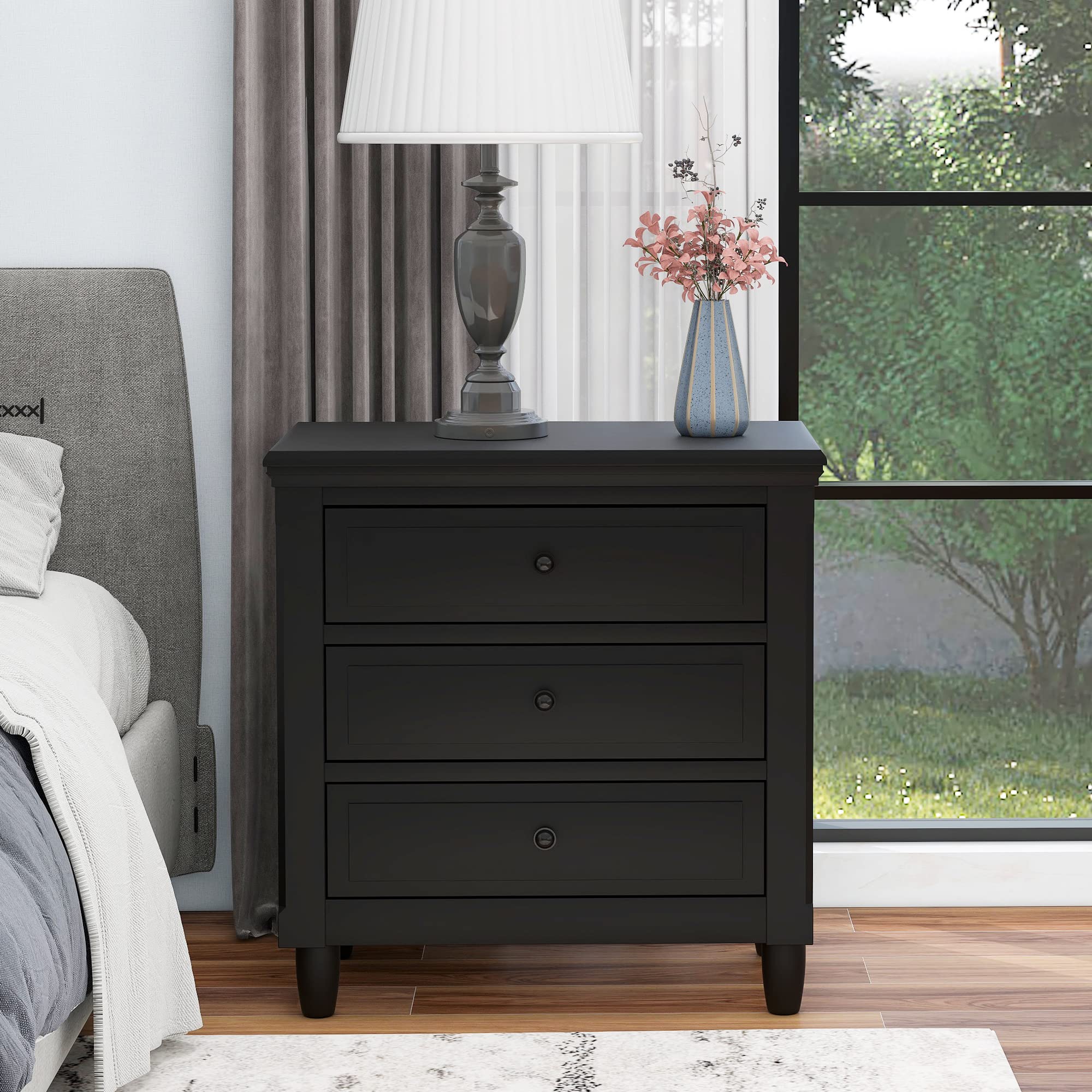 SOFTSEA Black Wood Nightstand with 3 Drawers - Small Dresser for Bedroom, Bedside Table, End Table with Storage - Perfect for Bedrooms, Living Rooms, and Small Spaces
