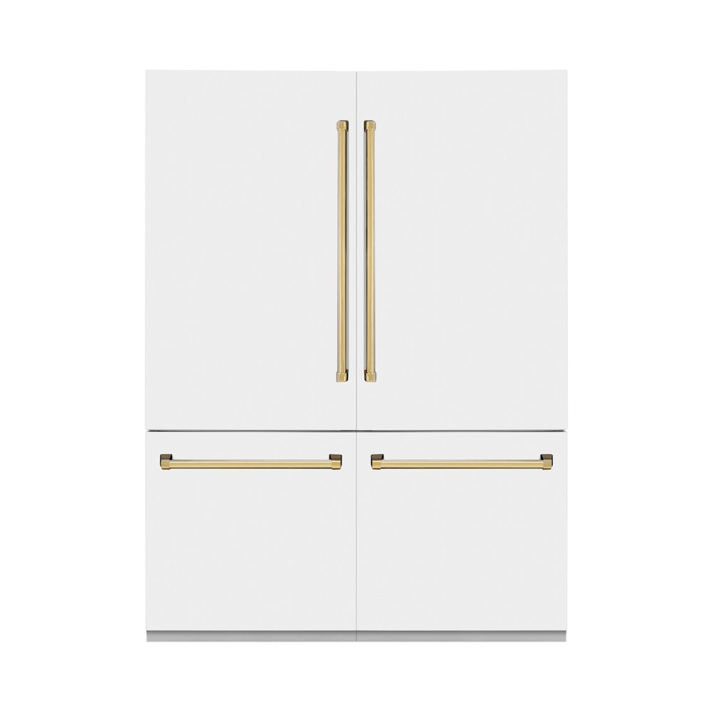 ZLINE Autograph Edition 60-Inch 32.2 cu. ft. French Door Built-In Bottom Freezer Refrigerator with Water Dispenser & Ice Maker - White Matte with Polished Gold Accents (RBIVZ WM 60 G) | Perfect for Modern Kitchens & Luxury Homes
