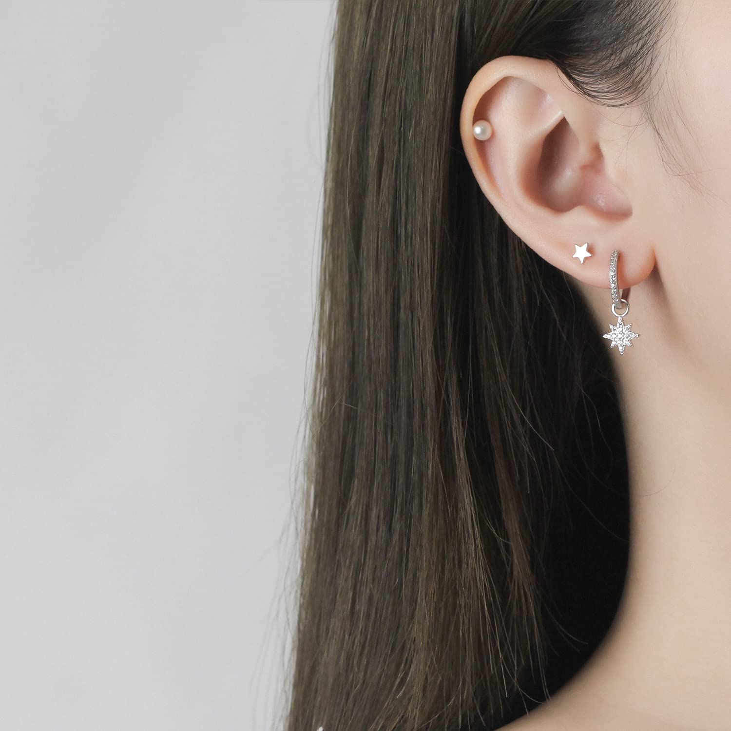 Small Hoop Dangle Drop Earrings for Women - Rose Gold Star & Planet Stud Earrings Set with Diamond & Pearl Accents | Perfect for Multiple Piercings, Everyday Wear & Special Occasions