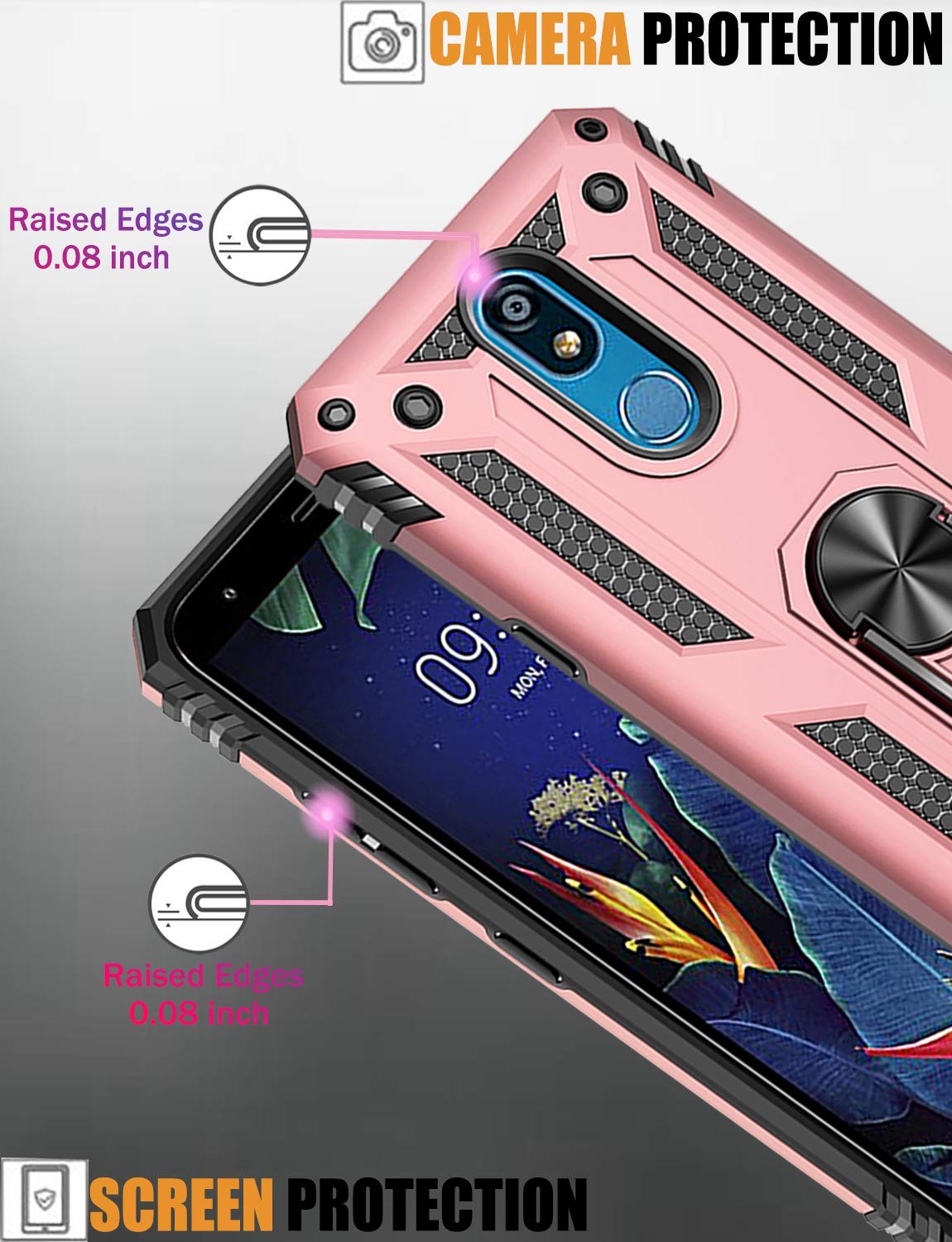 Military Grade Magnetic Ring Holder Kickstand Phone Case for LG K40/Solo LTE/Xpression Plus 2/Harmony 3/K12 Plus/X4 2019 - Rose Gold | Car Mount & Hands-Free Use