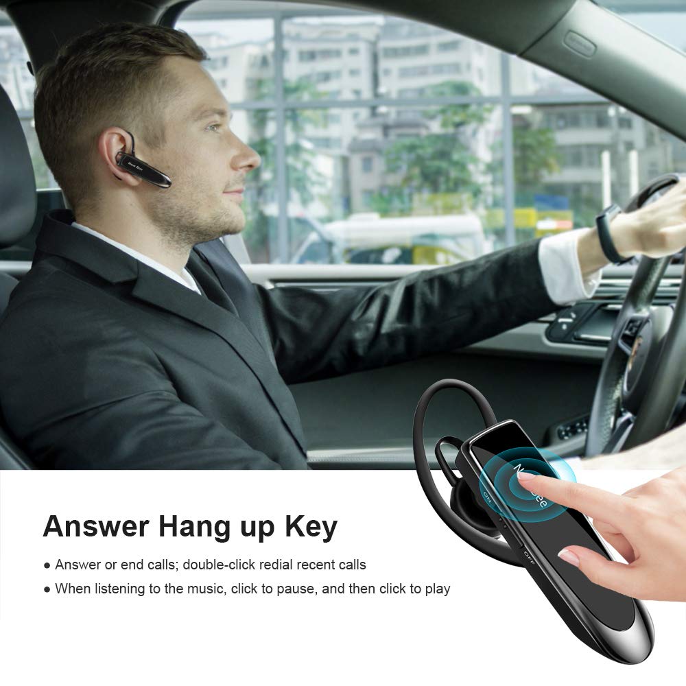New Bee V5.0 Bluetooth Headset - 24H Battery, Noise Cancelling Mic, Wireless Handsfree Earpiece for iPhone/Samsung/Android - Perfect for Driving, Office Calls & Mobile Gaming