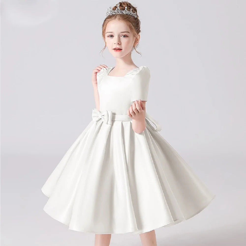 Satin Flower Girls Dress with Square Collar - Elegant Party Dress for Weddings, Birthday & Special Occasions