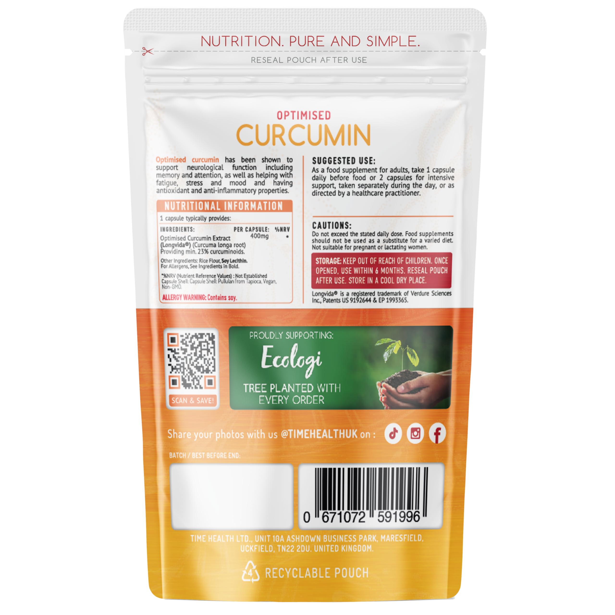 Longvida Curcumin Supplement - Clinically Studied with 285XAUC Increased Bioavailability - Vegan & Non-GMO - Pullulan Capsules - UK Made Under GMP Standards - No Additives - Supports Joint Health & Cognitive Function