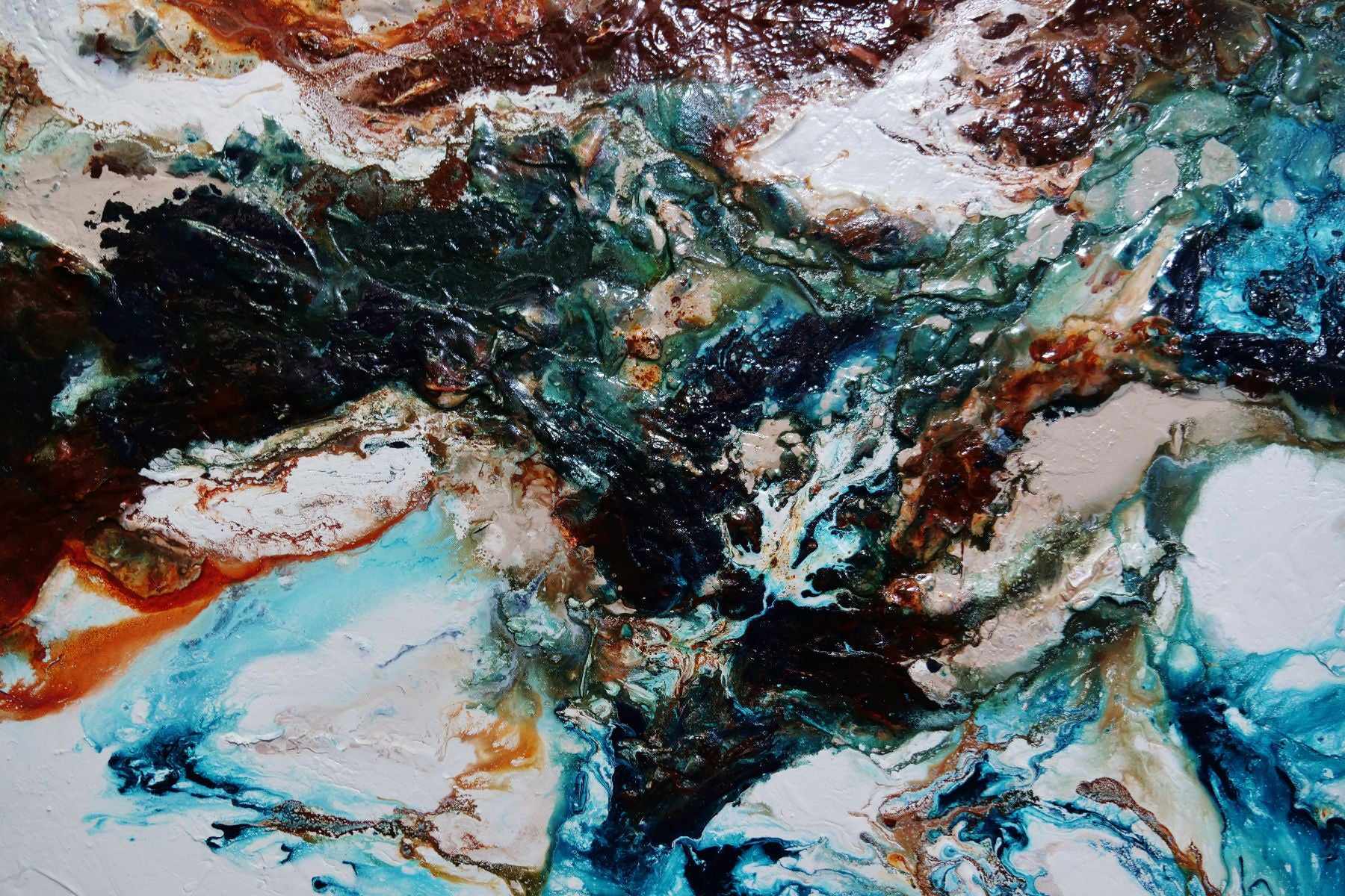 190cm x 100cm Teal White Textured Abstract Painting - Coastal Wave Inspired Wall Art for Living Room, Bedroom & Office Decor