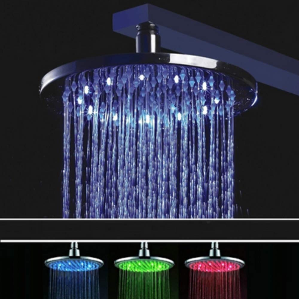 Juno Chrome Round LED Shower Head - High Pressure Color Changing Solid Brass Waterfall Rain Shower Set (Ceiling Mount, 12 Inch) for Luxurious Spa-Like Bathroom Experience