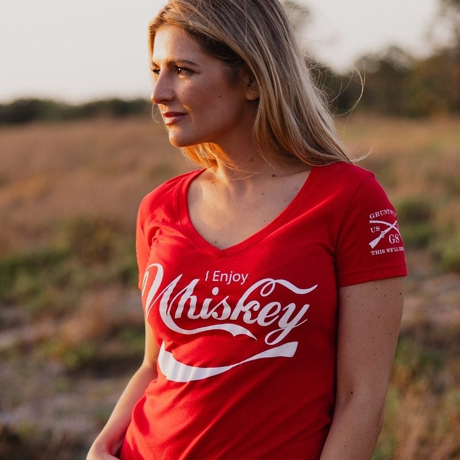 Women's Enjoy Whiskey V-Neck T-Shirt - Soft Red Casual Tee for Women | Perfect for Bar Nights, Girls' Outings & Casual Wear