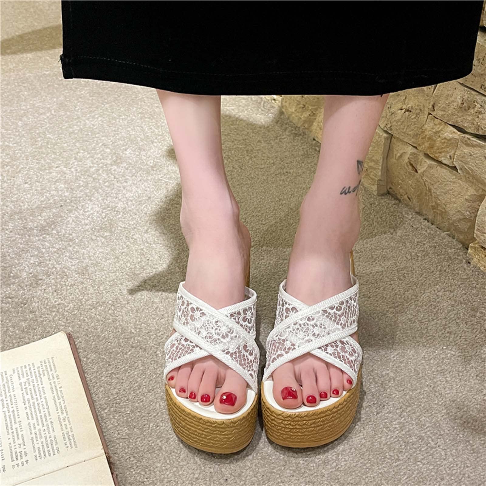 Women's Dressy Summer Platform Sandals - Floral Lace Cross Strap Wedge Heel Open Toe Slides (4.5 Inch) for Beach, Wedding & Casual Outings