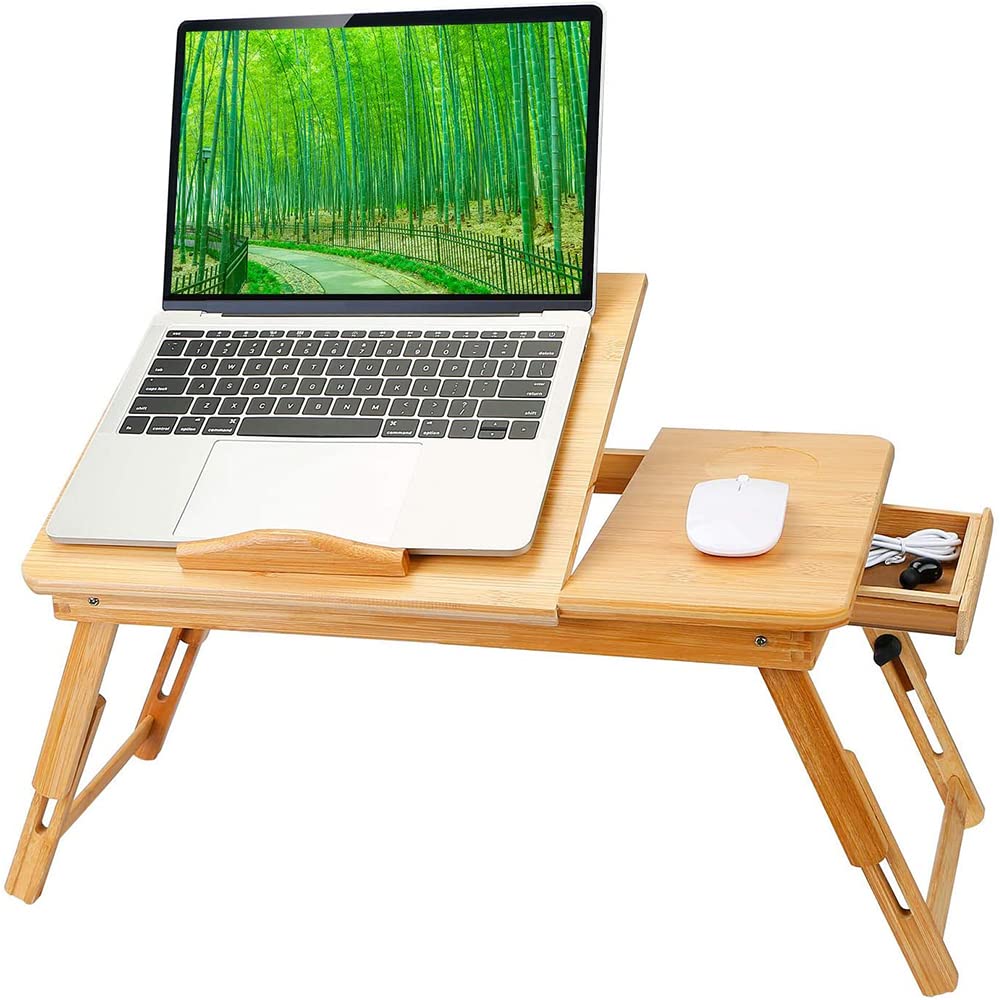 Adjustable Bamboo Laptop Tray for Bed & Couch - Foldable Portable Laptop Stand with Storage Drawer & Cooling Vents - Lightweight Workstation for Home Office, Gaming & Relaxing - Ideal for Remote Work, Studying, Watching Movies in Bed or on Sofa - Perfect for Small Spaces & Coffee Table Use