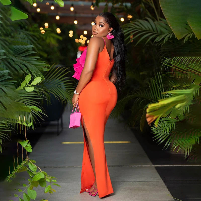 2023 New Fashion Orange Women's Sleeveless Sexy V-Neck Ruffles Bodycon Midi Bandage Dress for Birthday Party, Club Night, Cocktail Event & Special Occasions
