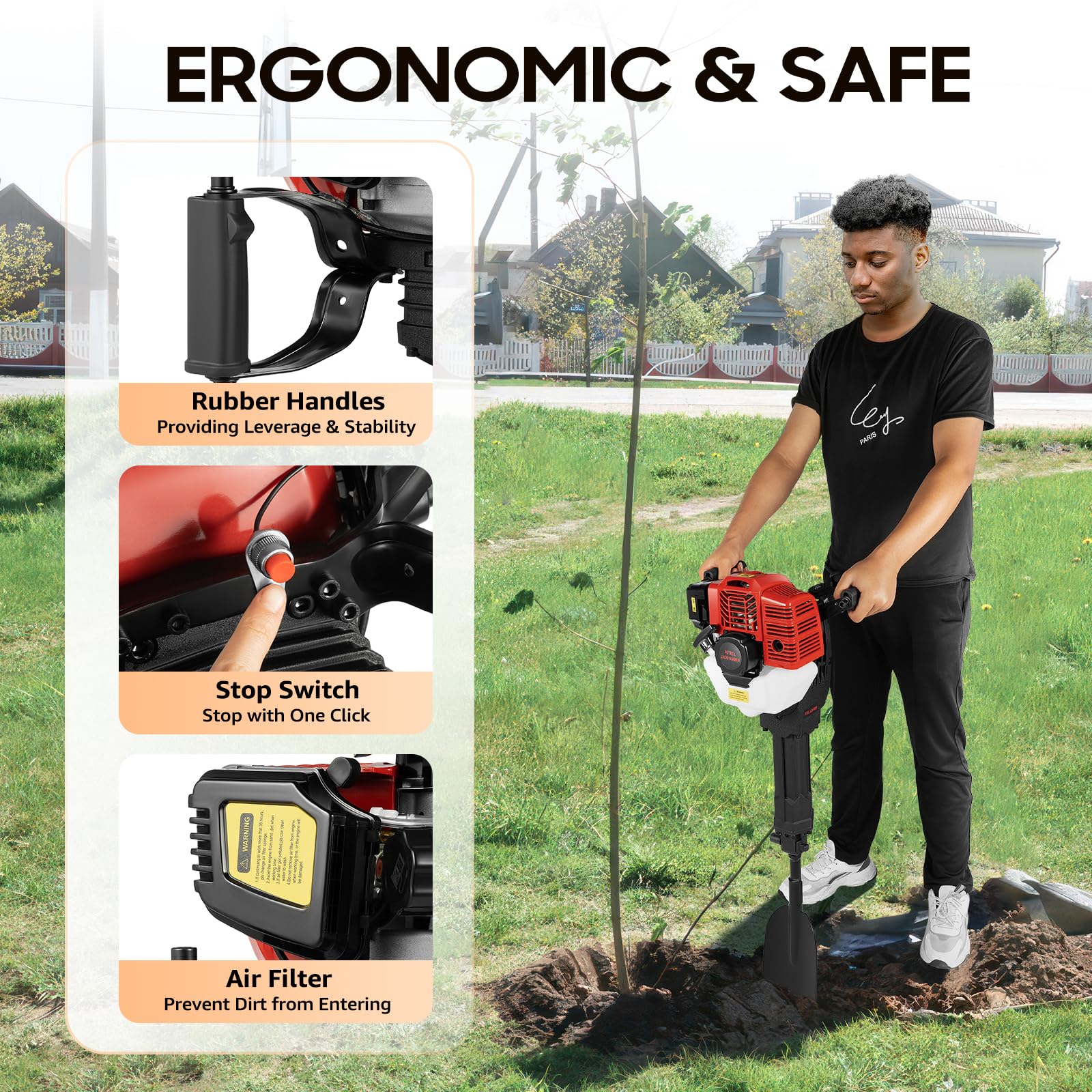 52CC 2-Stroke Gas Powered Post Hole Digger - Portable Trenching Machine for Gardening, Landscaping & Tree Planting - Ideal for Digging Holes, Drilling Rocks & Creating Trenches in Yards & Farms