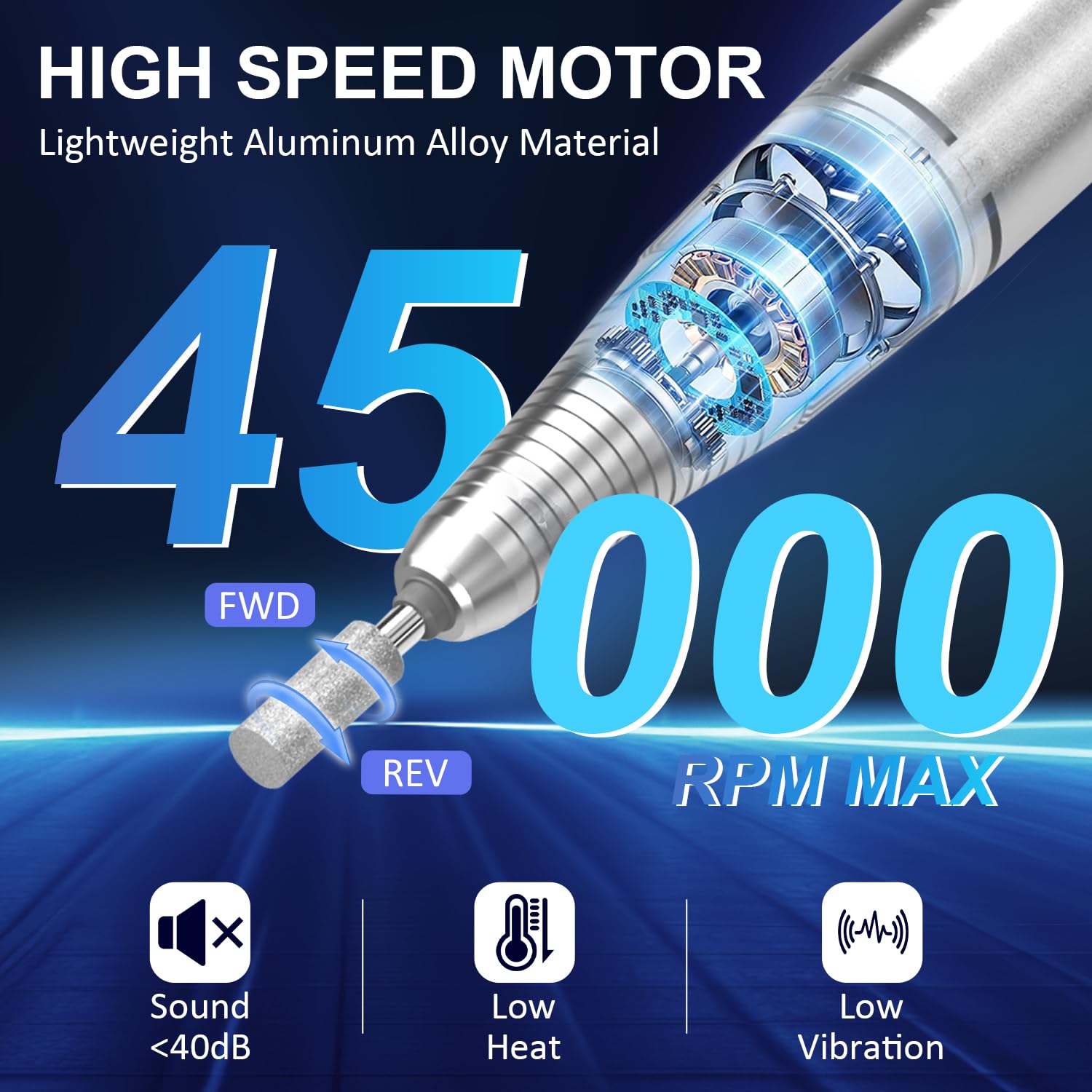 45000 RPM Professional Electric Nail Drill Kit - Rechargeable LED Nail File for Acrylic & Gel Nails | Fast Nail Polish Removal | Lightweight & Portable | Perfect for Home Salon & Professional Manicure/Pedicure