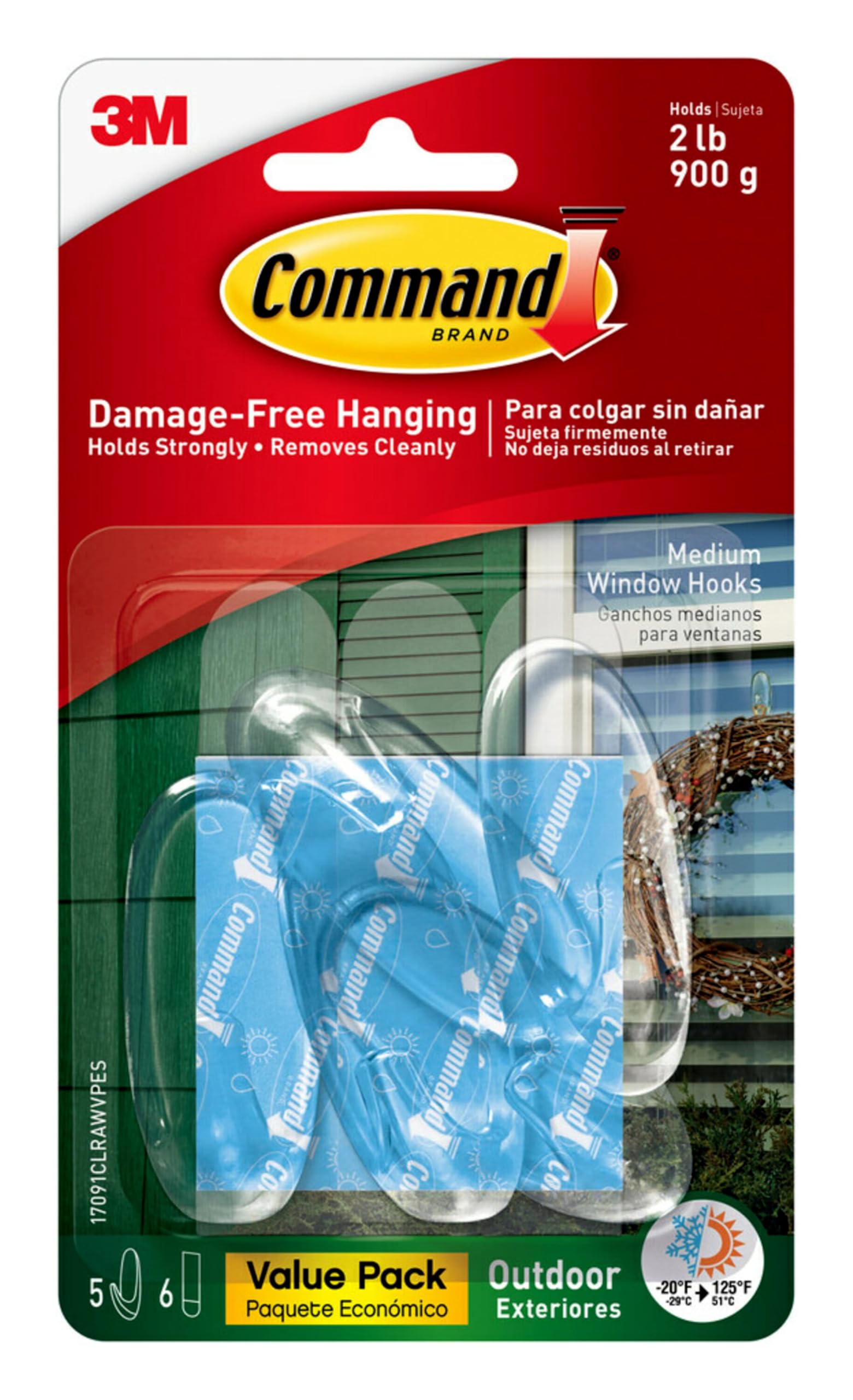Command Outdoor Medium Clear Wall Hooks - 5 Pack with 6 Damage-Free Hanging Strips - Weather-Resistant Adhesive Hooks for Outdoor Decor - Holds 2 lbs - Perfect for Patio, Garden & Porch Decorations