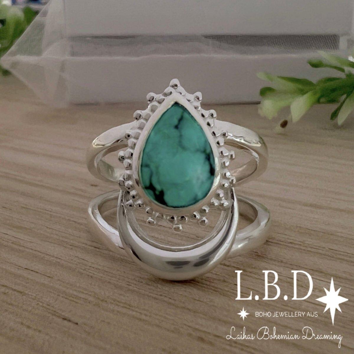 Boho Moon Turquoise Ring for Women - Handmade Sterling Silver Adjustable Hippie Jewelry - Perfect for Festivals, Beach Parties & Boho Fashion