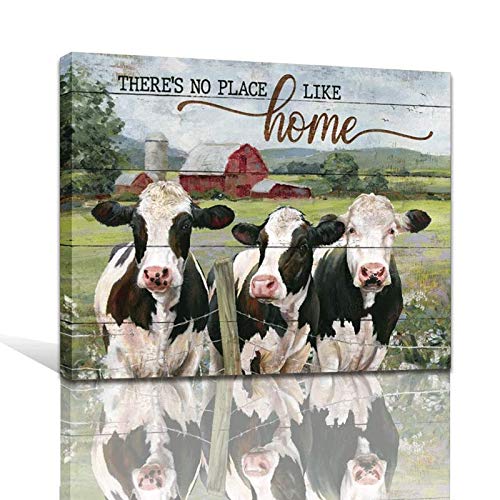Farmhouse Rustic Cow Wall Art - 'There's No Place Like Home' Canvas Print, Framed 28x40 Inch Country Animal Decor for Bedroom, Living Room, Kitchen - Perfect for Farmhouse, Cottage & Ranch Style Homes