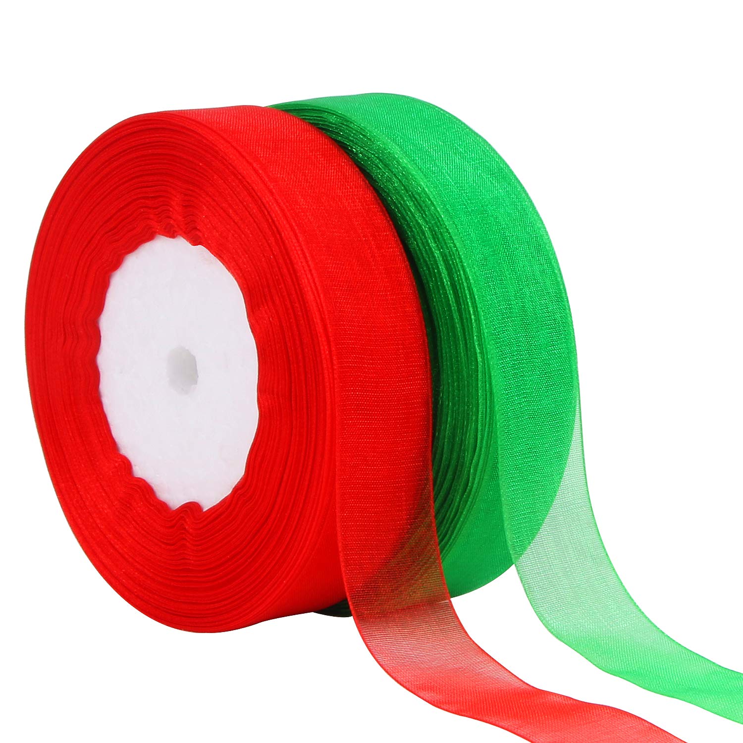 DECYOOL 2 Rolls 100 Yards Christmas Organza Ribbons - 0.8 Inch Wide Holiday Gift Wrapping Ribbon for Xmas Tree Decorations, Party Favors, Wedding Bouquets (Red & Green)