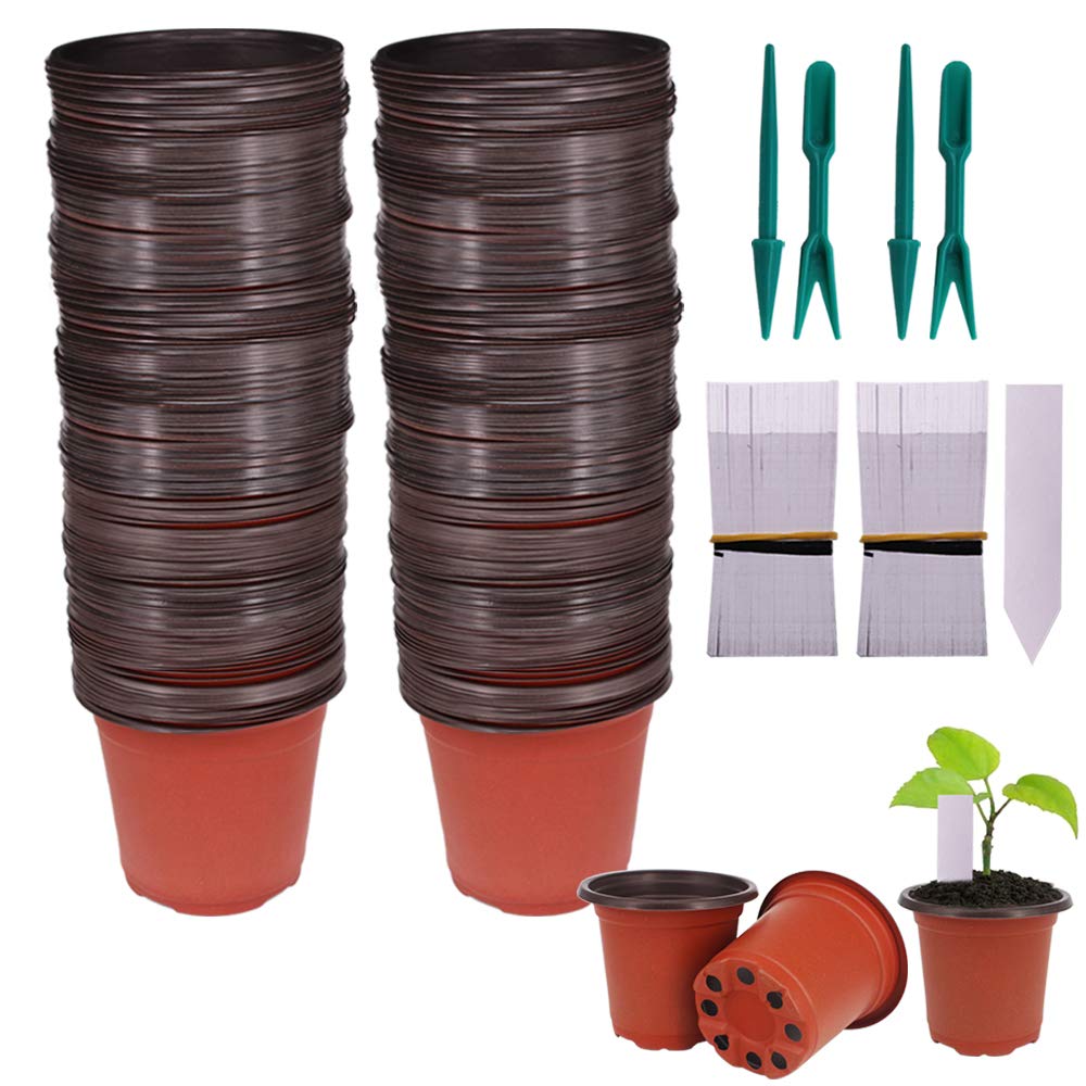 200 Pcs 4 Inch Plastic Seedling Pots with 200 Waterproof Plant Tags & 2 Mini Garden Tool Sets - Red Brown Nursery Containers for Planting, Transplanting & Organizing Outdoor Gardens
