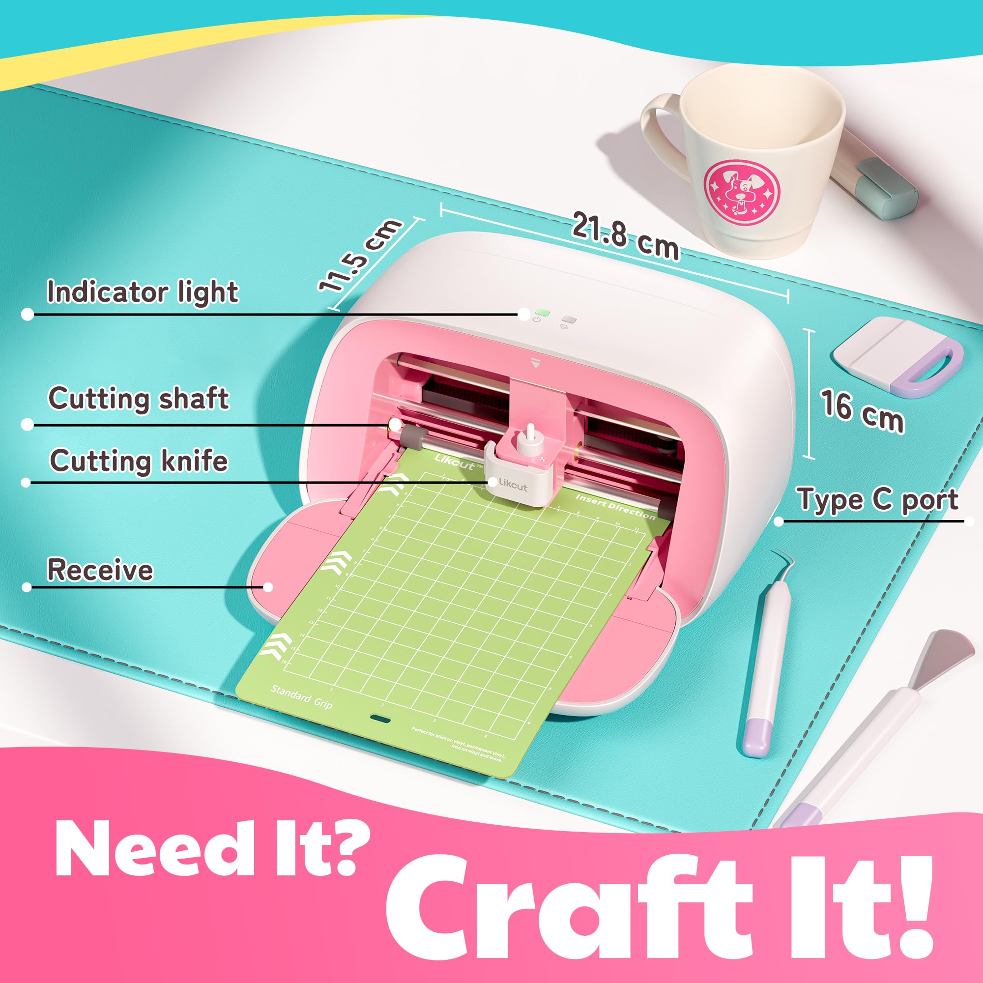 Likcut Vinyl Cutter Machine - Upgrade Glee S501 DIY Craft Cutting Tool | Portable Smart Sticker & Decal Maker for Home, School Projects, Wall Decor, T-Shirt Design | Perfect for Crafters, Artists & DIY Enthusiasts (Pink)