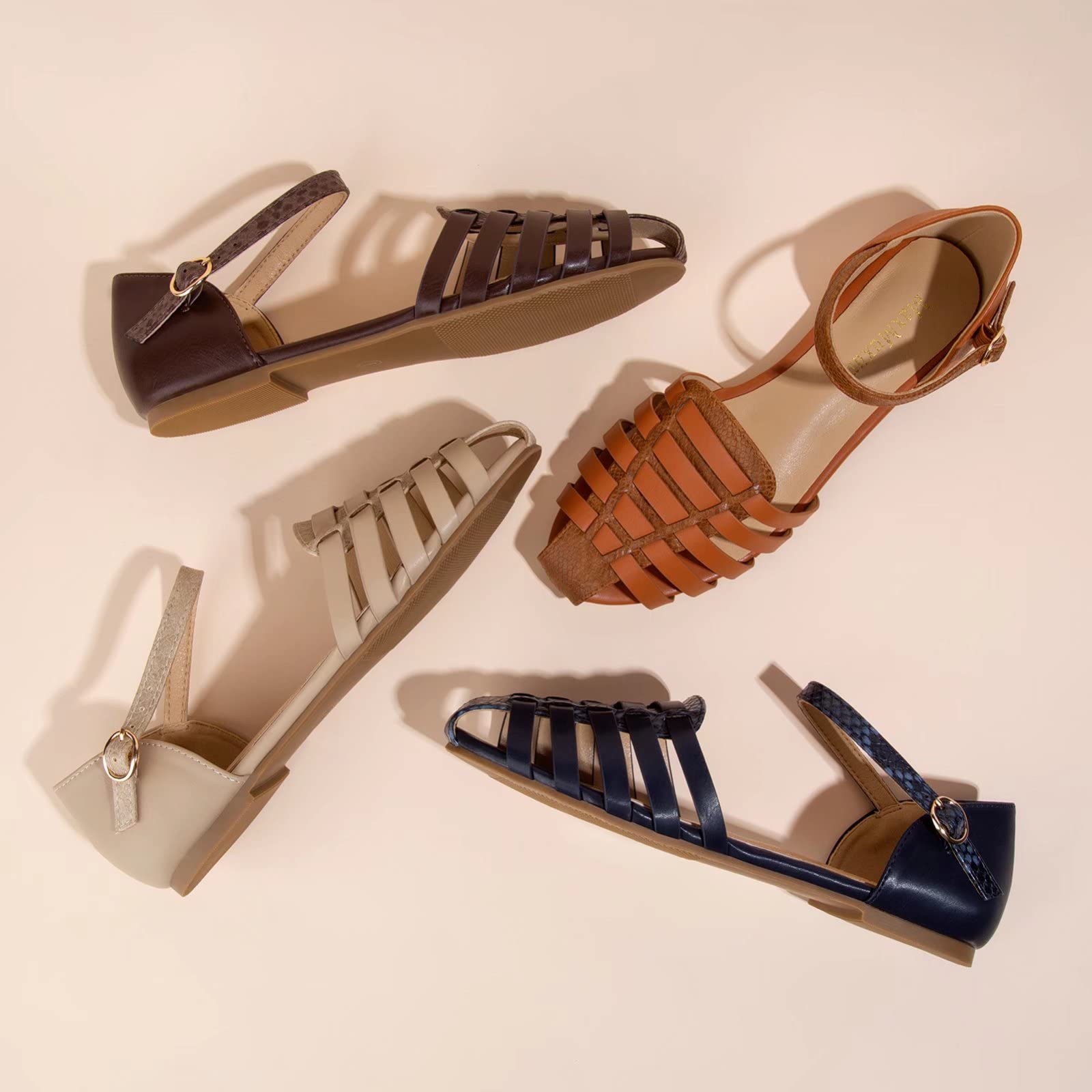 MaxMuxun Women's Comfortable Closed Toe Flat Sandals with Ankle Strap - Breathable Cut-Out Cage Design Summer Roman Shoes for Beach, Vacation & Casual Outfits