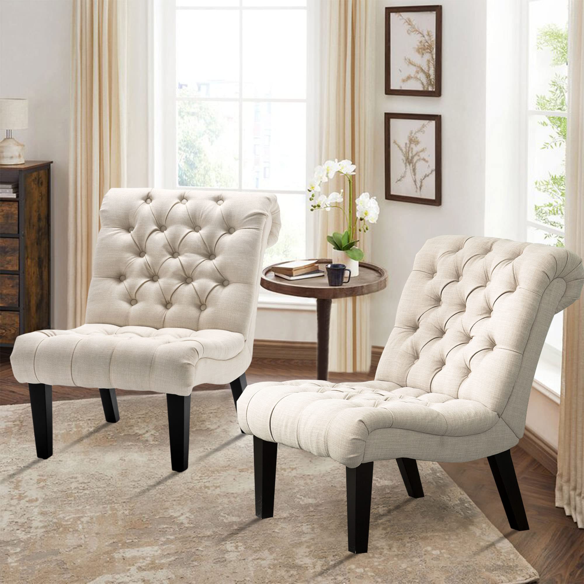 Yongqiang Accent Chairs Set of 2 - Modern Armless Upholstered Slipper Chairs with Button Tufted Design & Solid Wood Legs in Cream Fabric - Perfect for Living Room, Bedroom, or Reading Nook Decor
