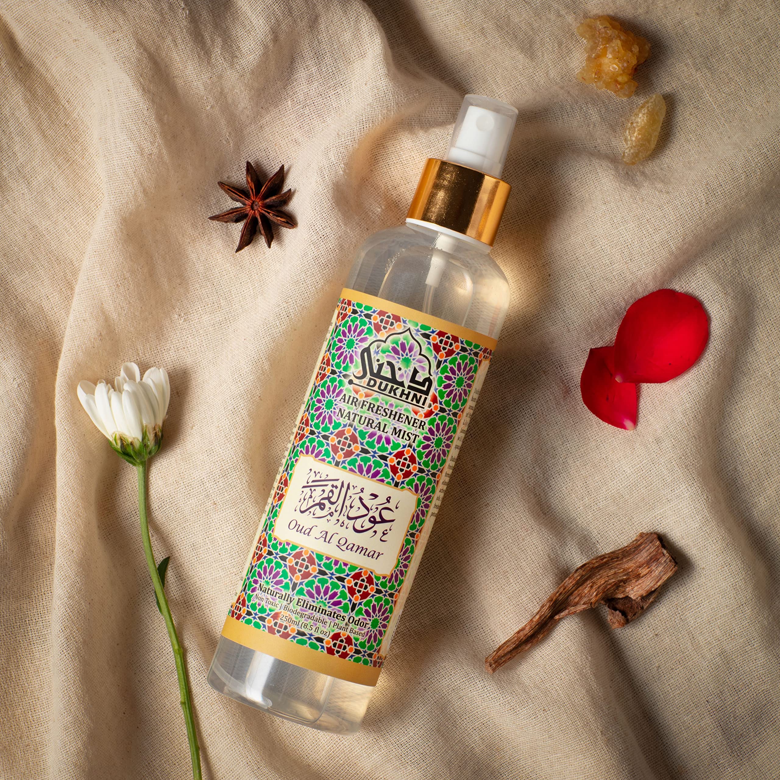 Premium Oud al Qamar Arabic Room Spray by Dukhni | 250ml Natural Oud Fragrance Air Freshener for Home & Prayer Mats | Bed Linen, Sofa Mist, Curtain Spray | Odor Eliminator for Living Room, Bedroom & Mosque | Long-Lasting Luxury Scent