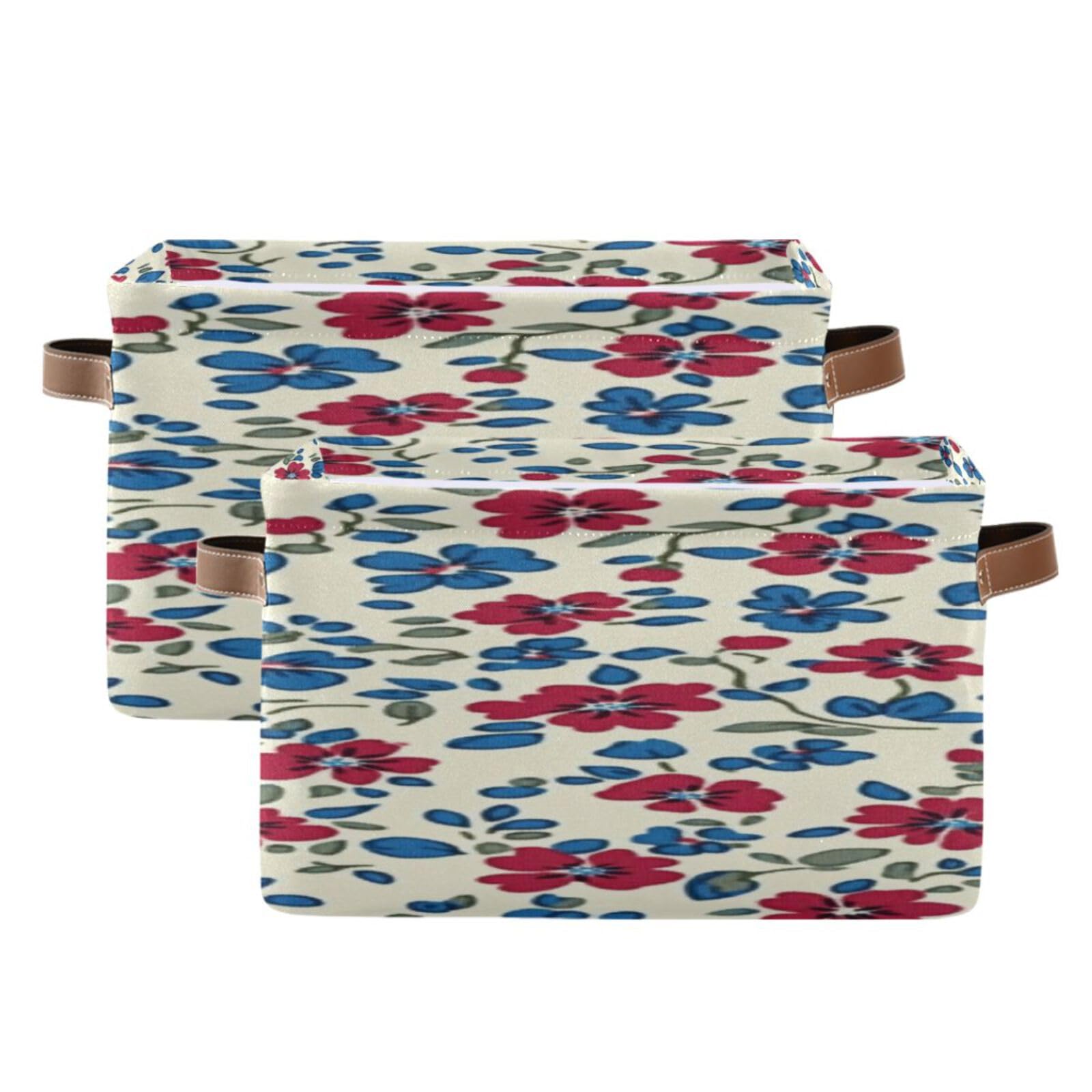 Large Storage Baskets with Handles - Foldable Home Organization Bins for Closet, Shelves & Bedroom (2-Pack, Creamy Red & Blue Floral Pattern) - Perfect for Toys, Laundry & Home Decor Storage