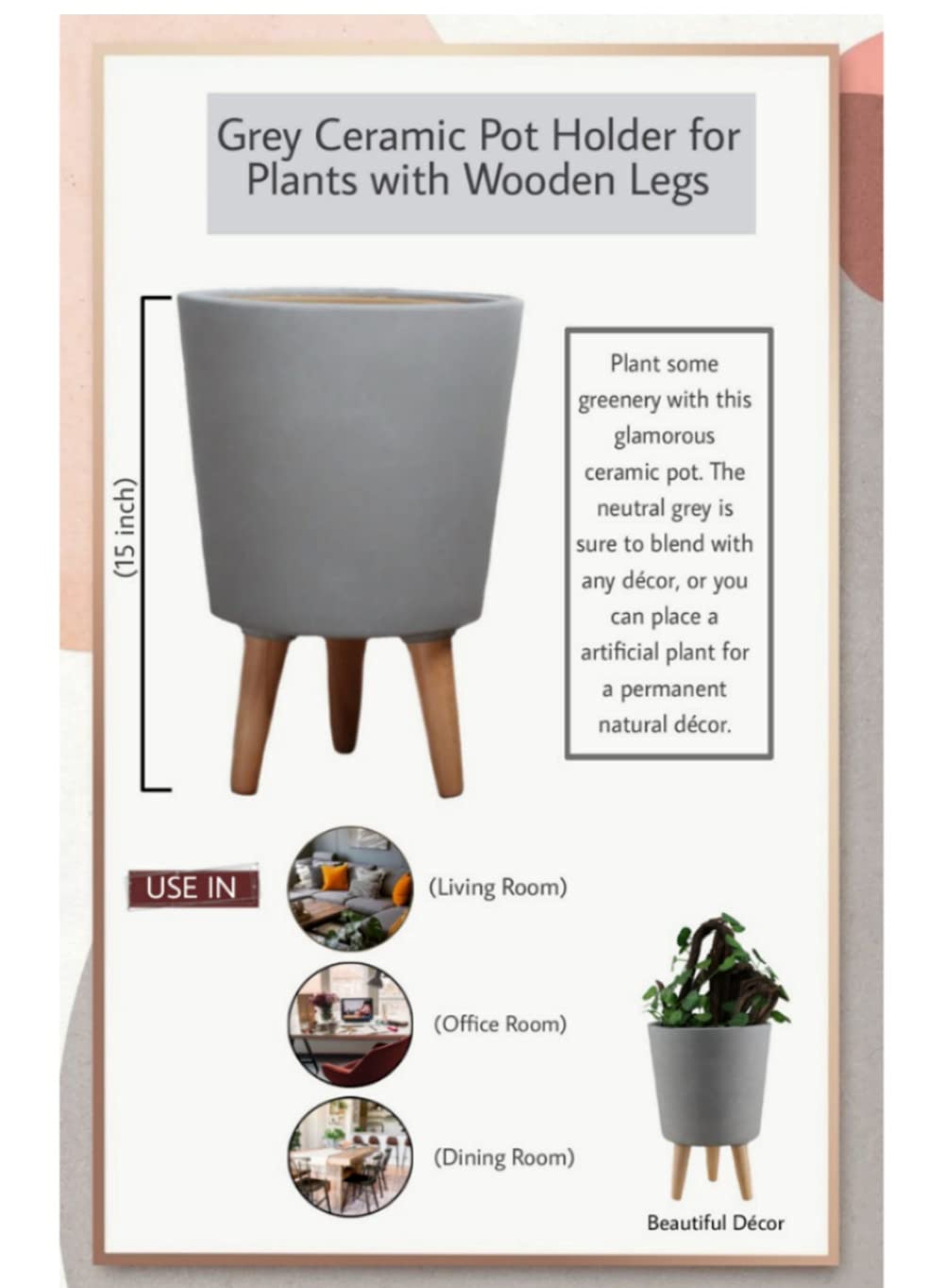 Serene Spaces Matte Grey Ceramic Plant Pot Holder with Wooden Legs - 15
