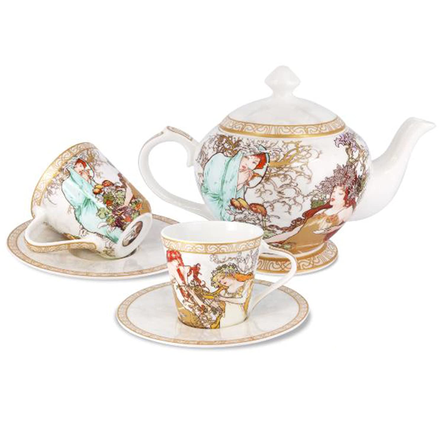 Premium Porcelain Coffee Mug Set - 22oz Tea Kettle & 2 8oz Cups with Mucha Four Seasons Art Design for Latte, Mocha, Cappuccino | Elegant Gift for Tea Party, Home Decor & Office Use