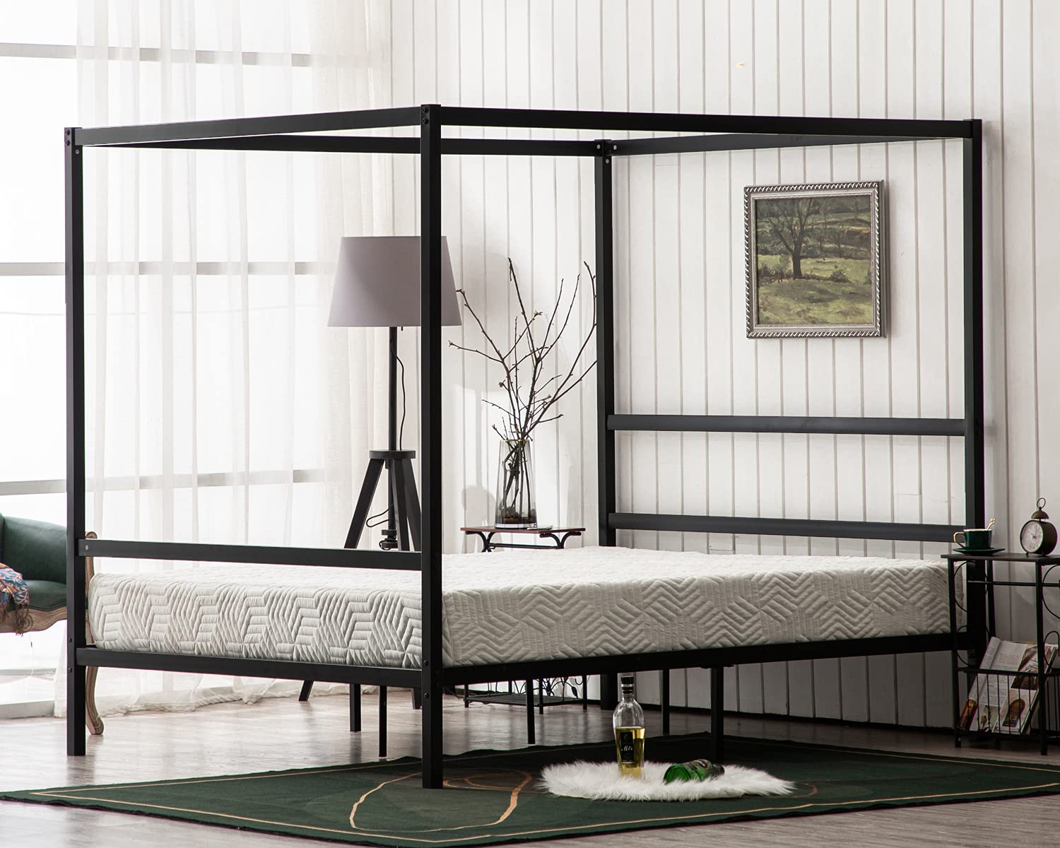 Bonnlo Full Size Black Canopy Bed Frame with Headboard - 10 Inch Metal Platform Bed with 4 Posters - No Box Spring Needed - Perfect for Master Bedroom, Guest Room & Bohemian Bedroom Decor
