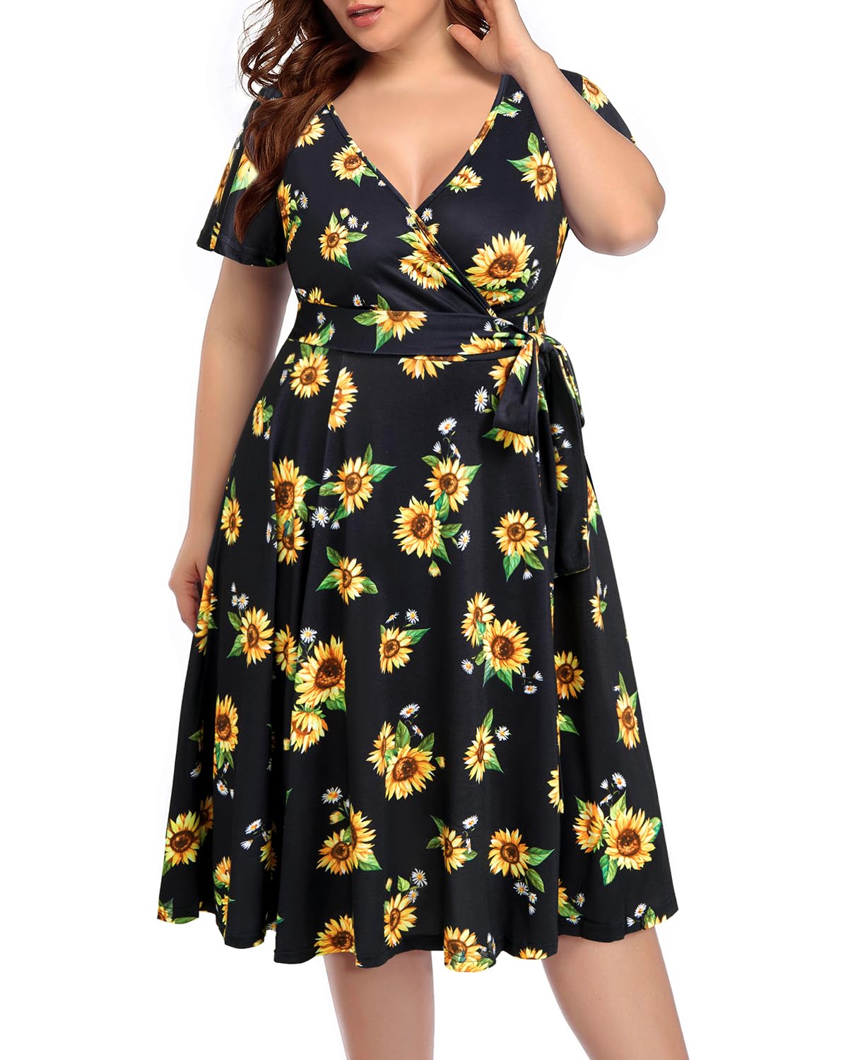 Plus Size Pinup Fashion Women's Cocktail Dress - Semi Formal Wrap Empire Waist Midi Dress for Wedding Guest, Date Night & Special Occasions