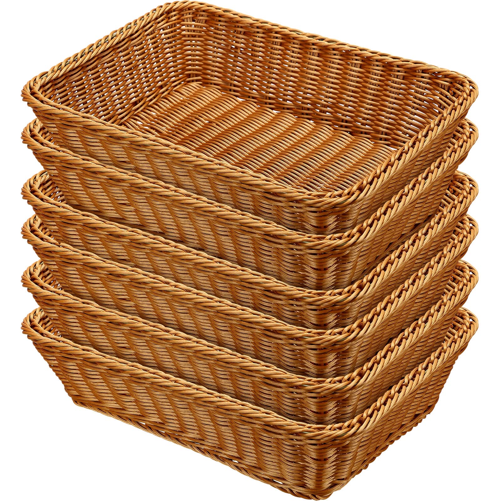 6-Piece 17.7-Inch Poly Wicker Bread Baskets - Rustic Woven Rattan Fruit & Vegetable Serving Baskets for Kitchen, Restaurant, Dining Table Display - Perfect for Bread Storage, Fruit Bowls, and Farmhouse Decor