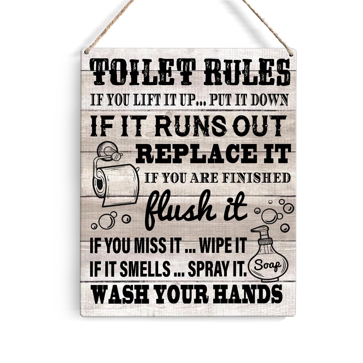 Farmhouse Bathroom Rules Sign - Rustic Wooden Wall Plaque with 'Wash Your Hands' Message - 8x10 Inch Toilet Door Decor for Home, Office, or Restaurant Bathroom