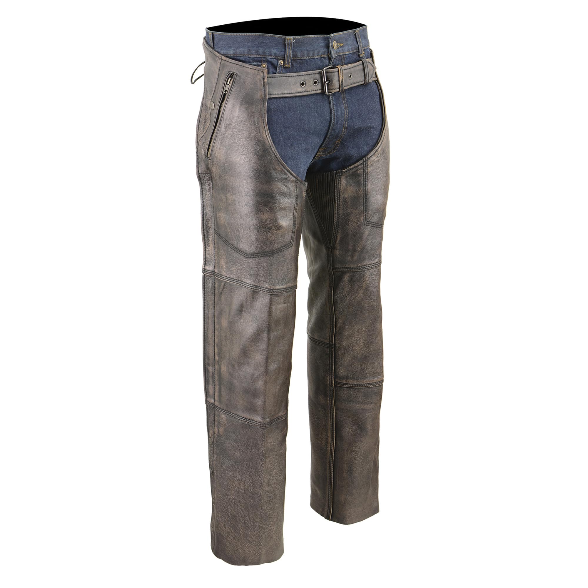 Milwaukee MLM5500 Men's Distressed Brown Leather Chaps - 4-Pocket Thermal Lined Motorcycle Riding Gear for Winter & Cold Weather Protection