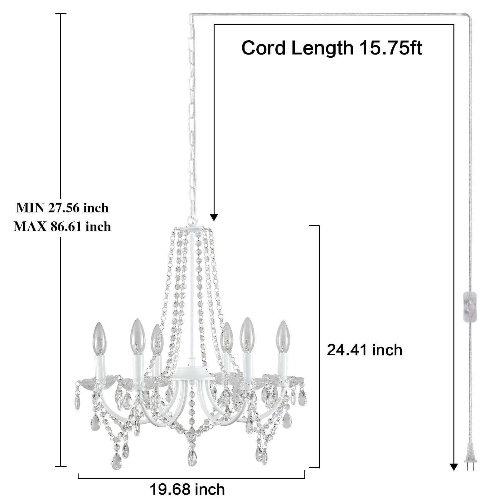 MEIJIA Modern Crystal Chandelier - 6-Light Plug in Ceiling Fixture with 15.75ft Cord, White Mini Chandelier for Dining Room, Bedroom, Bathroom & Hallway | Elegant Lighting for Home Decor & Special Occasions